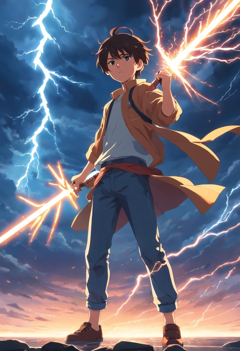 masterpiece, best quality, movie still, one boy, thunder, held sword, floating in the sky, full body, angry, cold and sharp lighting, storm, (sparks:0.7)