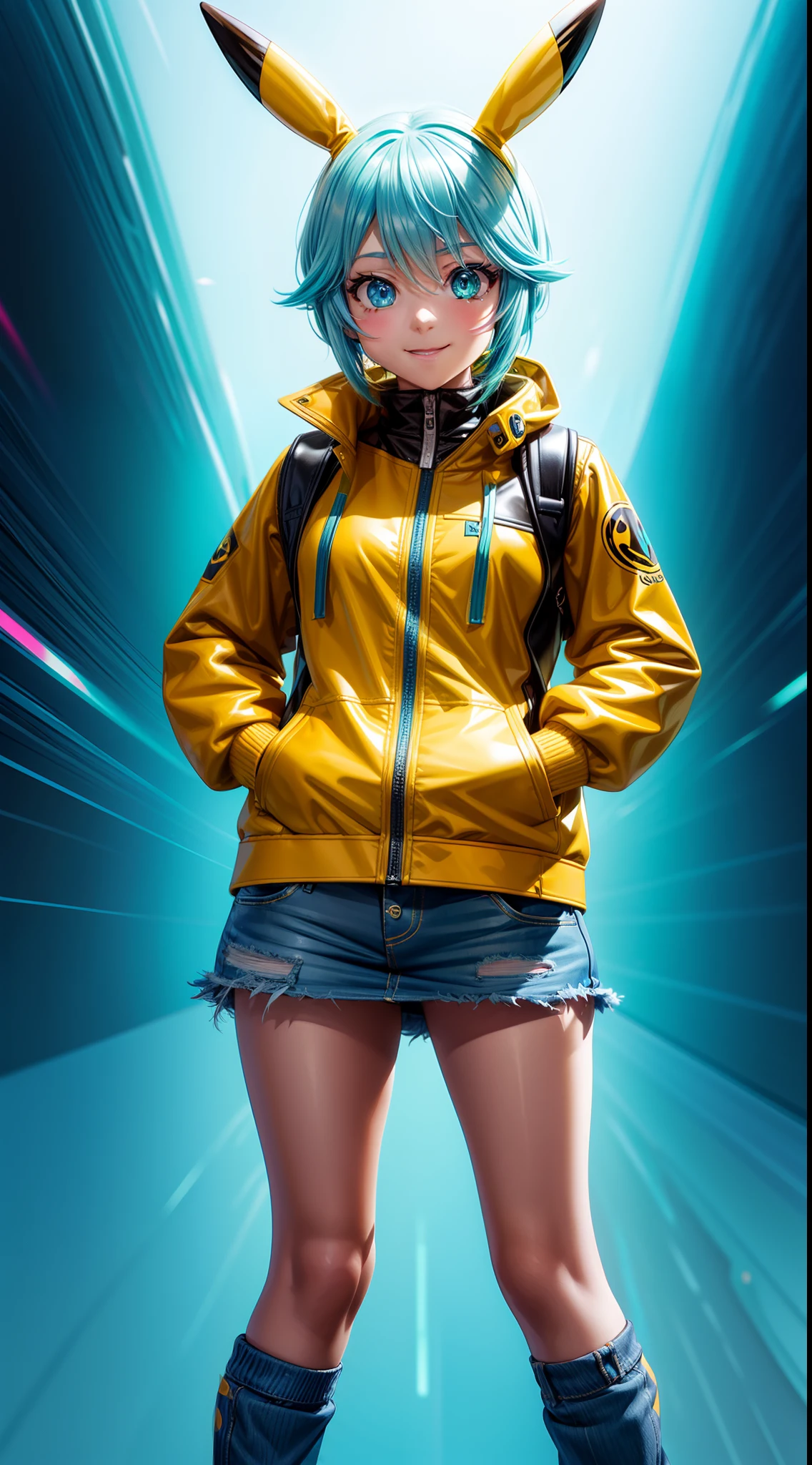 Pikachu、miku hatsune、Pokémon, Pikachu Coat，surrealism, Realism, Cinematic lighting, Fuji Film, Sony FE, Sony FE GM, hyper HD, masutepiece, High quality, hight resolution, Super Detail，Pikachu, A teenage girl, White skinned, hands in the pocket，sexy for, Smiling，leather jackets, Short denim skirt, Blonde hair, Gradient Hair, aqua eyes