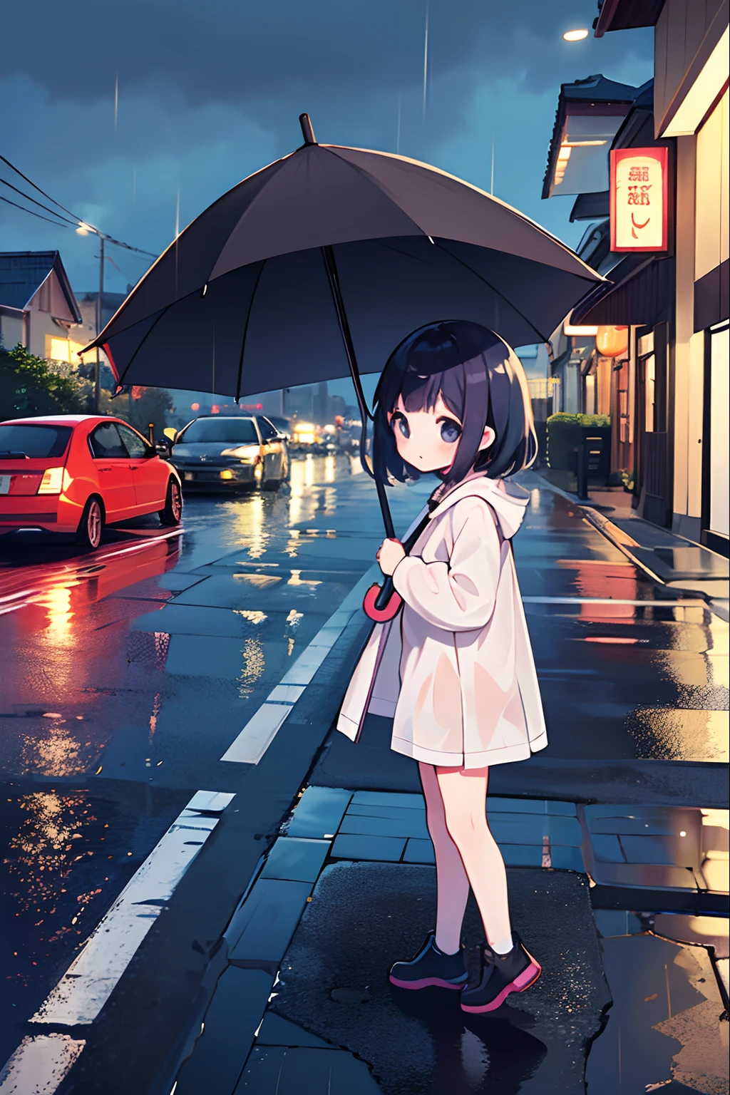 Photo of a little girl with an umbrella on a rainy day、Umbrellas are great、long boots、The road surface is wet