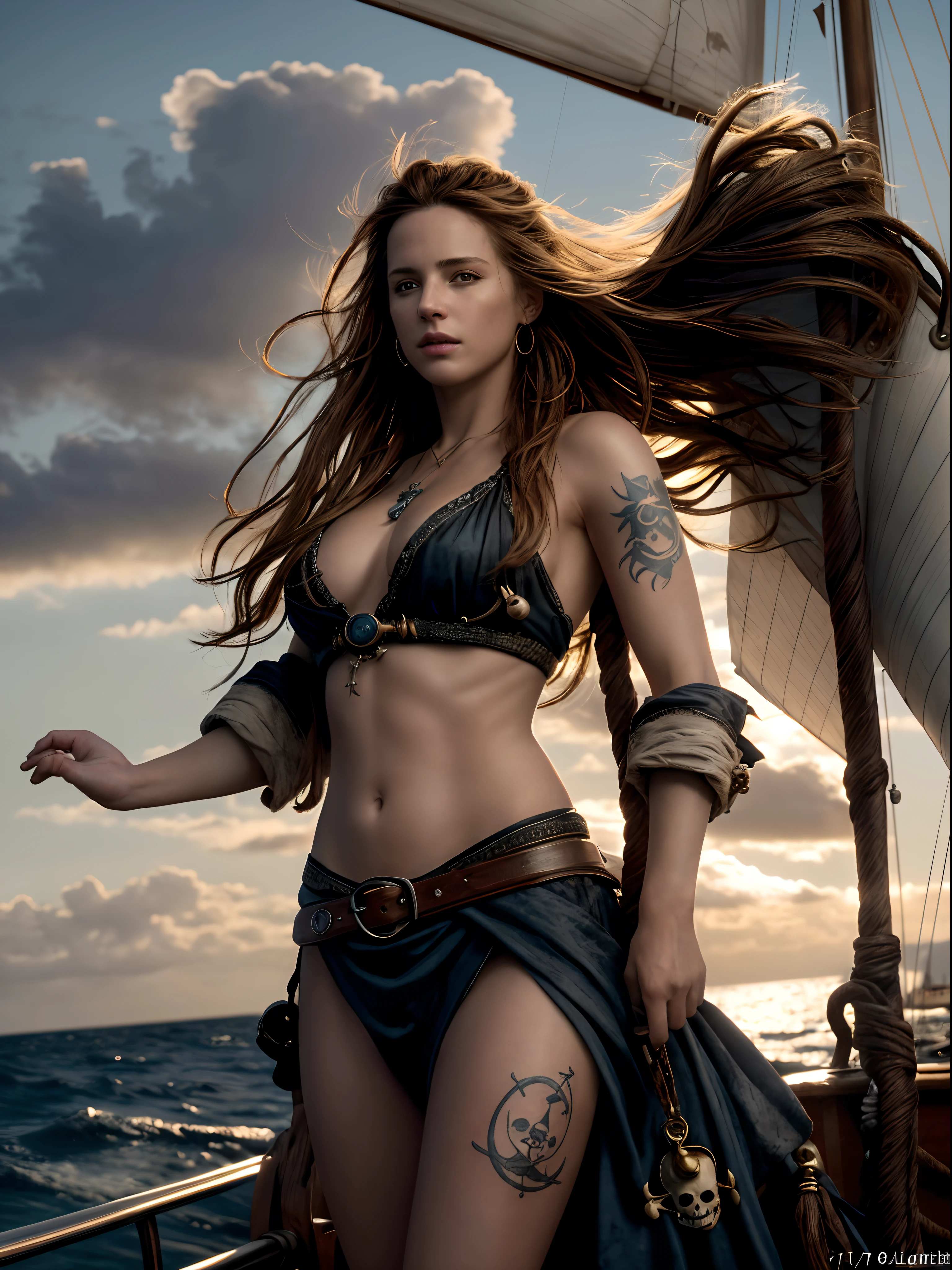 masterpiece, ultra detailed, 8K, Raw photo, Realistic light, Cinematic composition, skyscape with clouds, pirate cute woman, honey windblown hair, backlighting, dramatic lighting, in the harbor, 1750, cinematic sea and sailboat, detailed face with scratches, cute sexy, Jolly Roger tattoo, amazing shadows, (highly detailed background: 1.0)