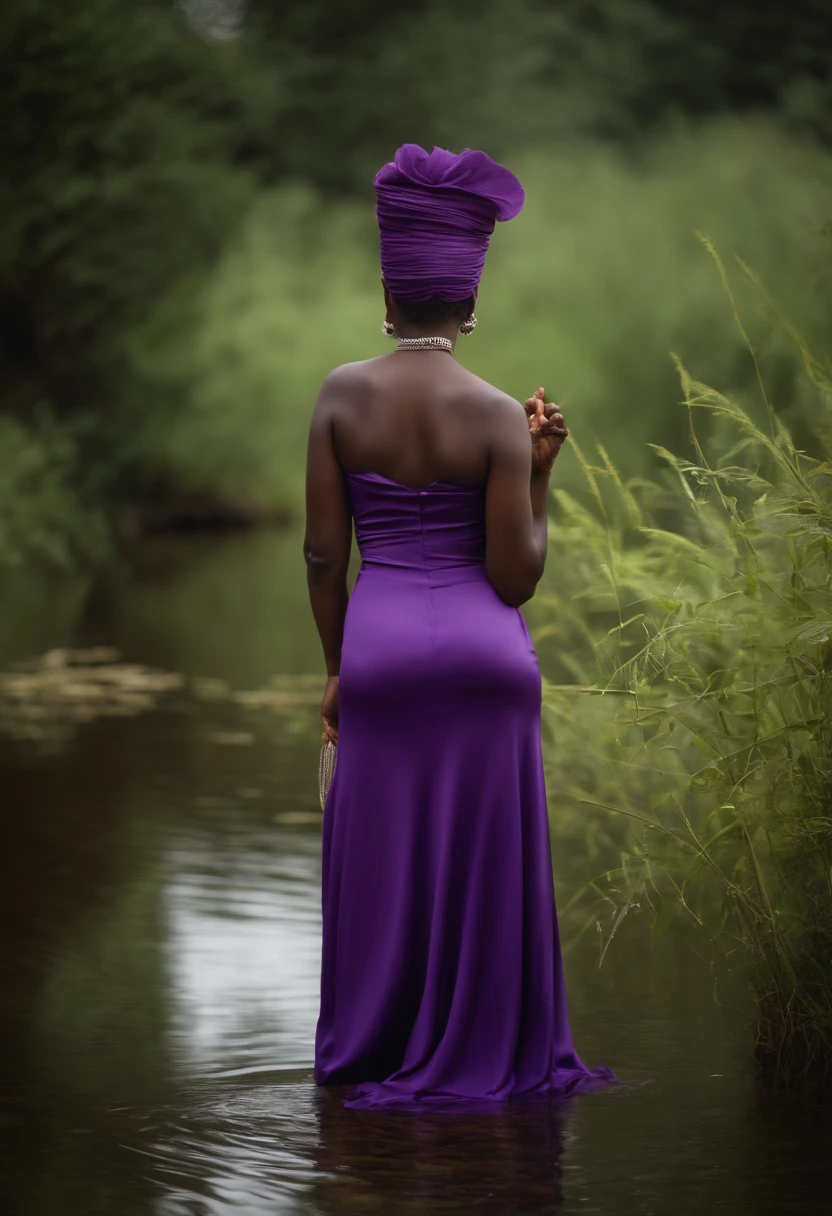 jeune, soeur africaine, Dame du pouvoir, elderly, in purple dresses and dark lilac, Conseiller, sage et ancien. Corps entier, debout sur ses pieds. In the background a swamp in the middle of nature. Style mythe. mystique. Pouvoir et magie.