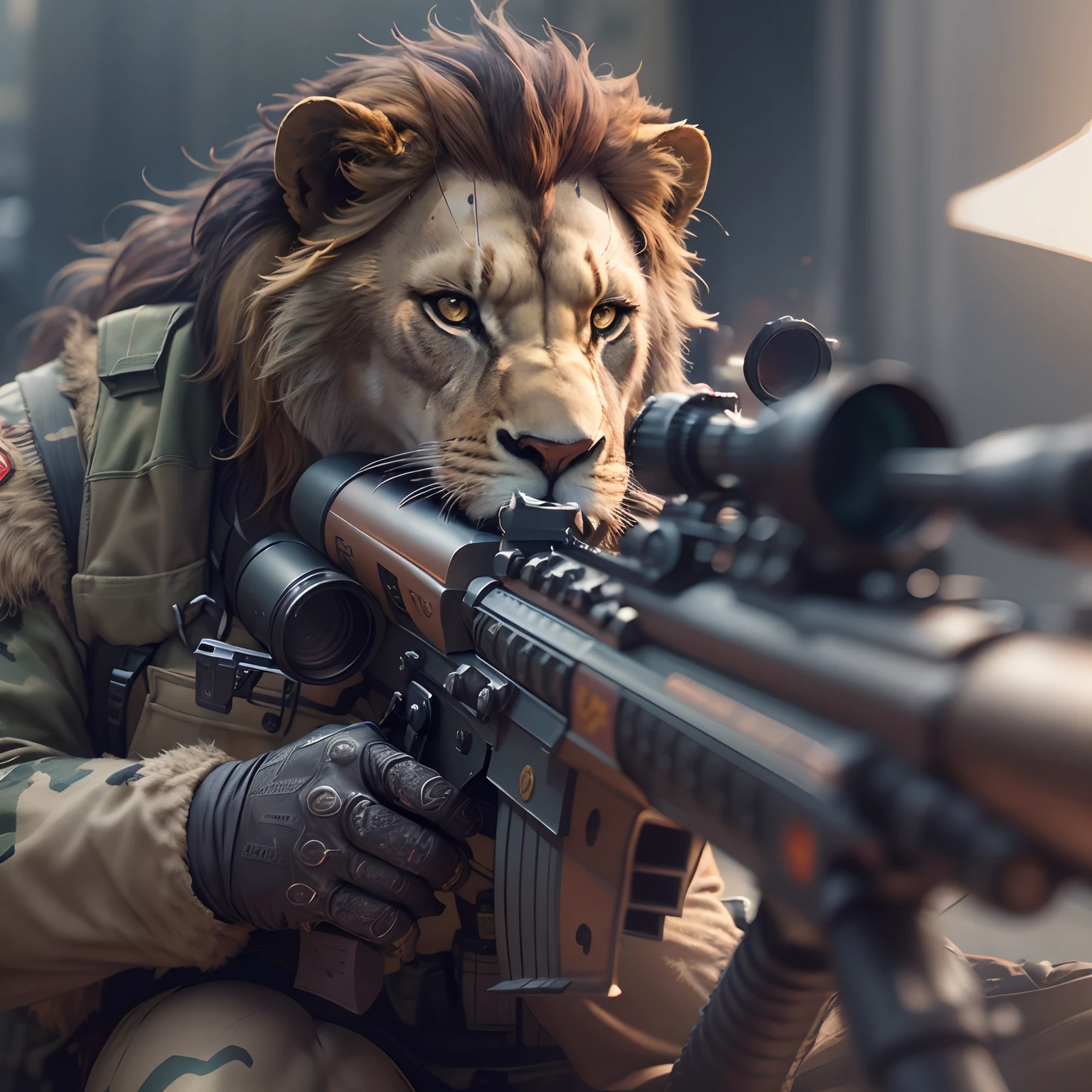 Although very handsome, the whole body of a man is realistic,  Superhero Lion Man action,  Amazing Movie Highly Detailed Artwork Detailed Face Detailed Suit Cgi 8k Resolution, wearing a military uniform, ((leaning on a big sniper rifle in careless heroic style)) hyper realistic sniper, cinematic scene, 4k, intense fight, angry liin