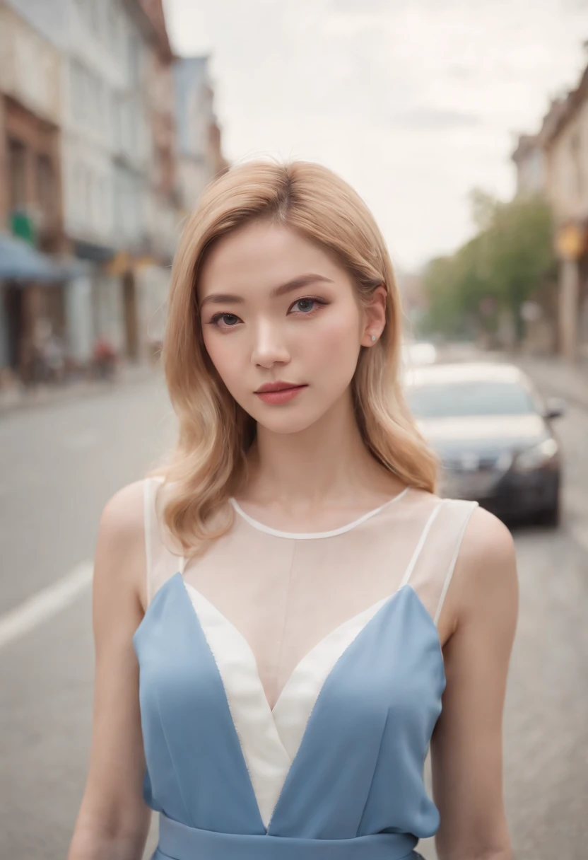 Blonde woman in a white blouse and blue dress standing on the road, a picture inspired by jeonseok lee, Tumblr, Realism, Korean girl, Realistic anime 3 D style, wearing crop top and miniskirt, Anime girl in real life, Casual pose, Anime style. 8K, korean women's fashion model