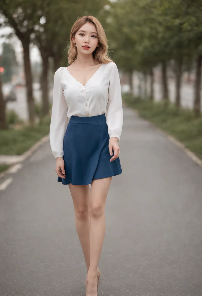 Blonde woman in a white blouse and blue dress standing on the road, a picture inspired by jeonseok lee, Tumblr, Realism, Korean girl, Realistic anime 3 D style, wearing crop top and miniskirt, Anime girl in real life, Casual pose, Anime style. 8K, korean women's fashion model