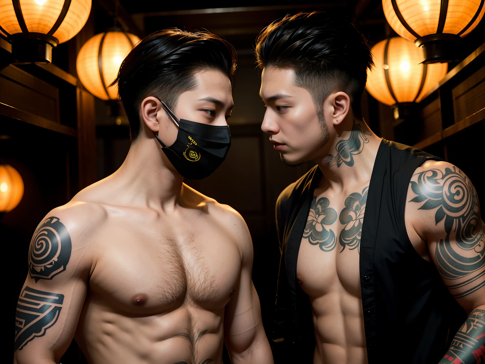 Two men with tattoos and masks on their faces stand side by side, alessio albi and shin jeongho, jin shan and ross tran, roberto ferri and ruan jia, two muscular men entwined, & jeehyung lee & Phlegm sputum, phlegm, inspired by Wang Duo, ruan jia and brom, ross tran and bayard wu