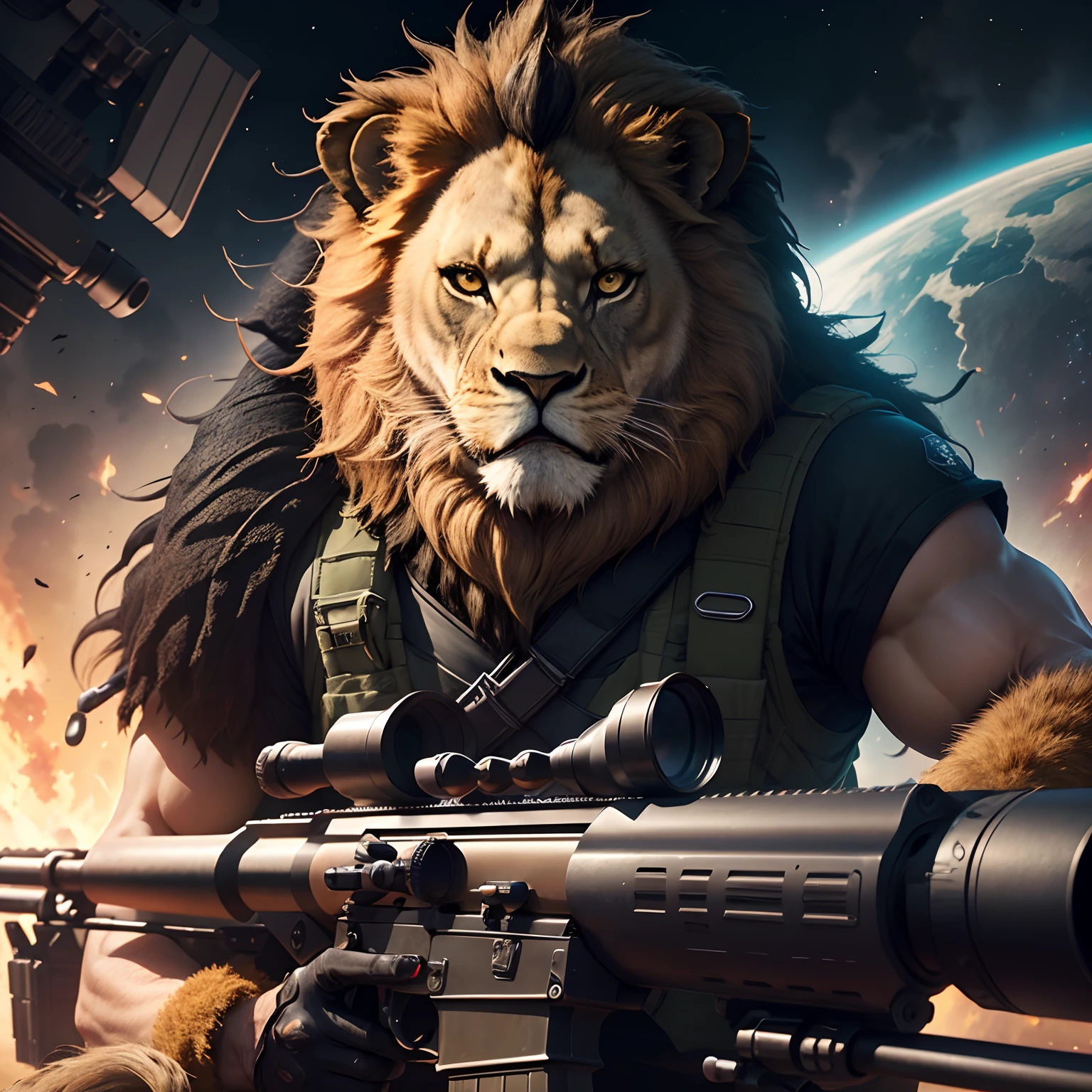 CREATE a hybrid lion man, de terno azul, Colado, transparente, malha fina, gravata, fundo celestial, galaxy, corpo trincado, guerreiro , ((aiming from a big black sniper rifle)), on a mission of igi, covert operation, aiming through the scope of the rifle, realistic rifle, cinematic scene, hyper realistic and intense operation, (((angry lion face:1.2)))
