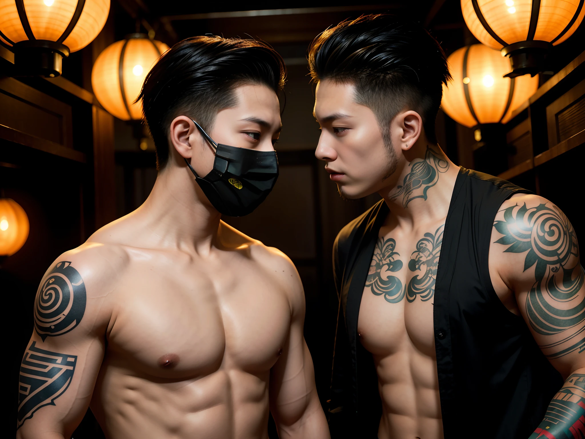 Two men with tattoos and masks on their faces stand side by side, alessio albi and shin jeongho, jin shan and ross tran, roberto ferri and ruan jia, two muscular men entwined, & jeehyung lee & Phlegm sputum, phlegm, inspired by Wang Duo, ruan jia and brom, ross tran and bayard wu