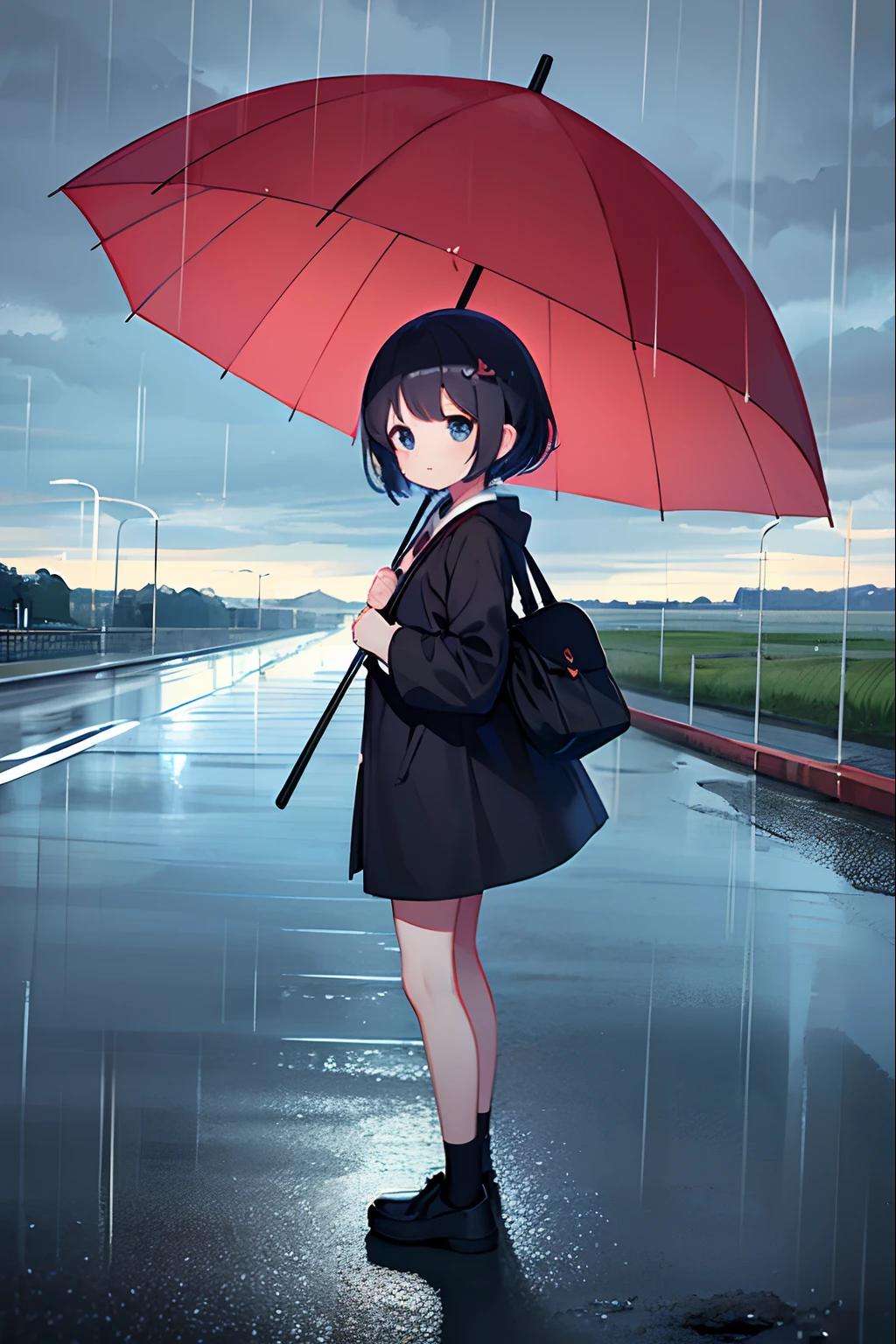 Photo of a  girl with an umbrella on a rainy day、Umbrellas are great、bustup、Eye Up、The road surface is wet、She enjoys the rain、The sky in the back is clear