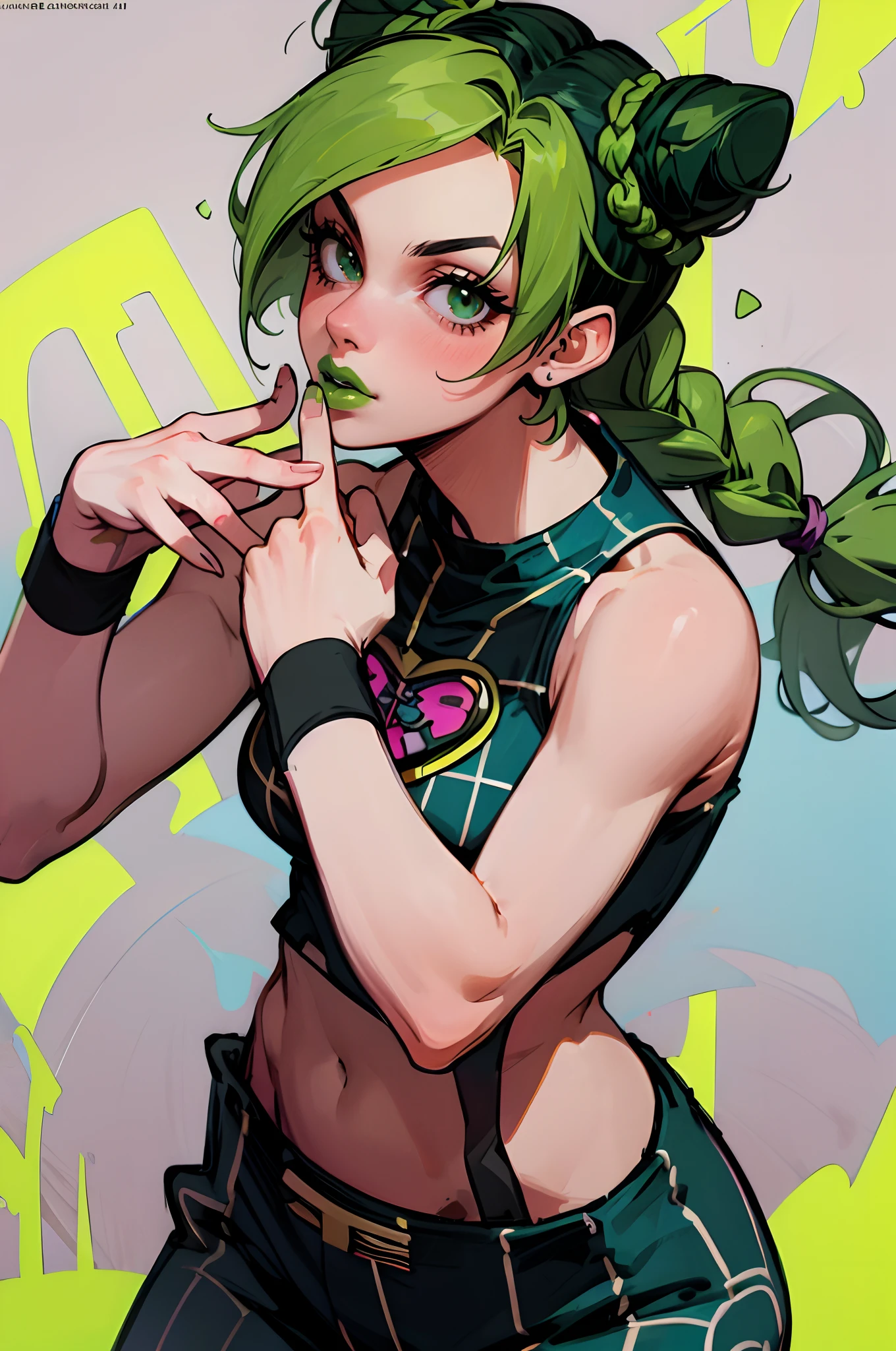 Jolyne Cujoh, green hair, black hair, braid, double hair bun, green eyes, green lipstick, full lips, wristband, tattoo, cowboy shot