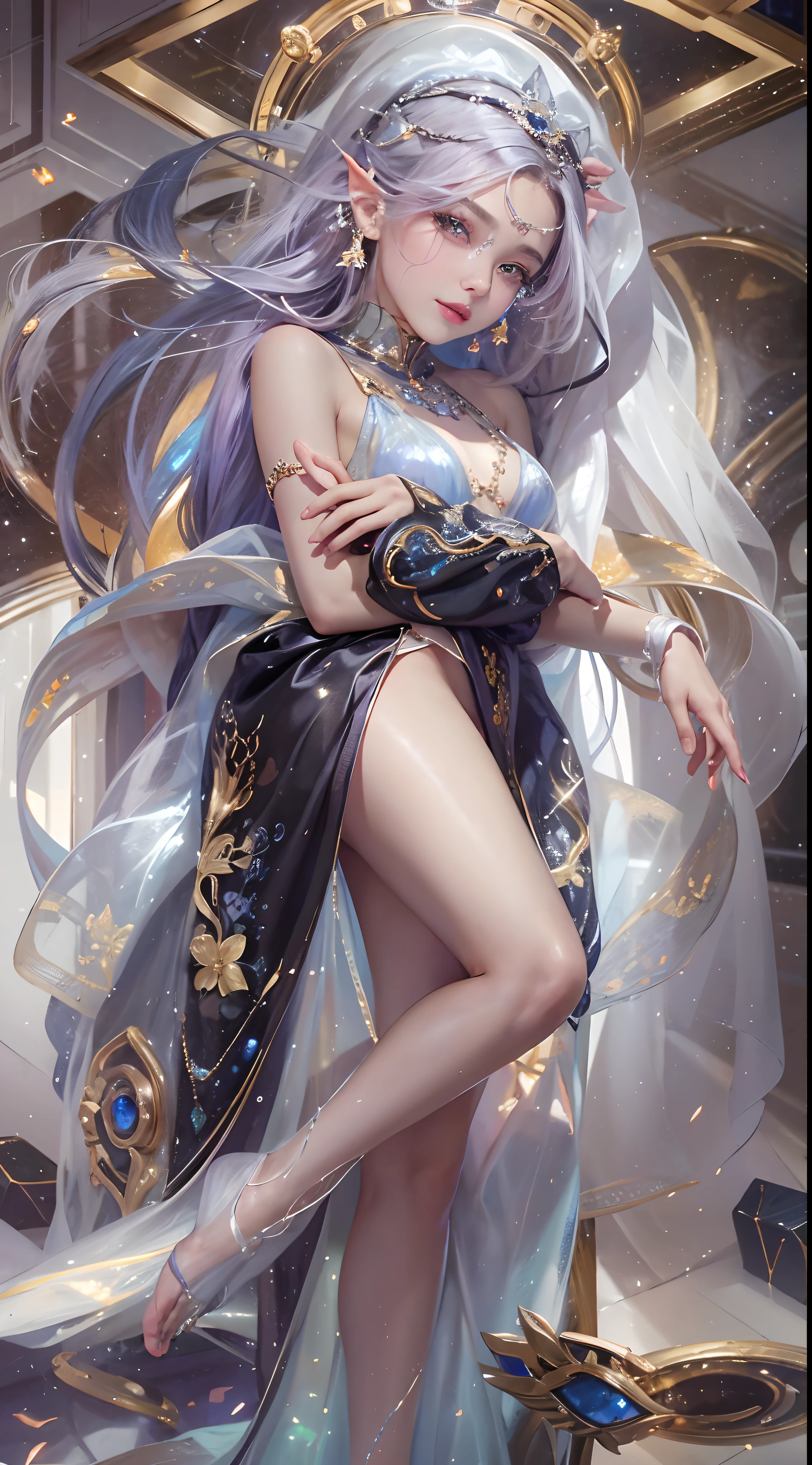 1girll,(enchanced quality:1.4),(Top quality true texture skin), Delicate face,Black hair, Gradient hair, Petite body,(perfect bodies:1.1), There are precious stones on the forehead, rimless eyewears, Sparkling pupils,long eyelasher,grin, hyper photorealism, Cinematic lighting, projected inset, surrealism, hyper HD, Masterpiece, 16k,Lie down,dream on,Wear transparent silk pajamas,Carmelto,Legs slightly open,Tattooed with,Fantasy space,Luxurious space