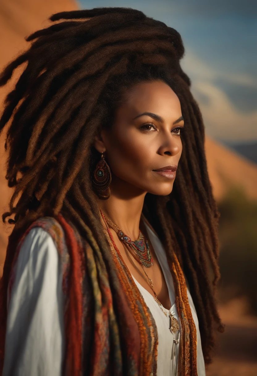 Create me a mixed-race woman in her forties with dreadlocks who draws