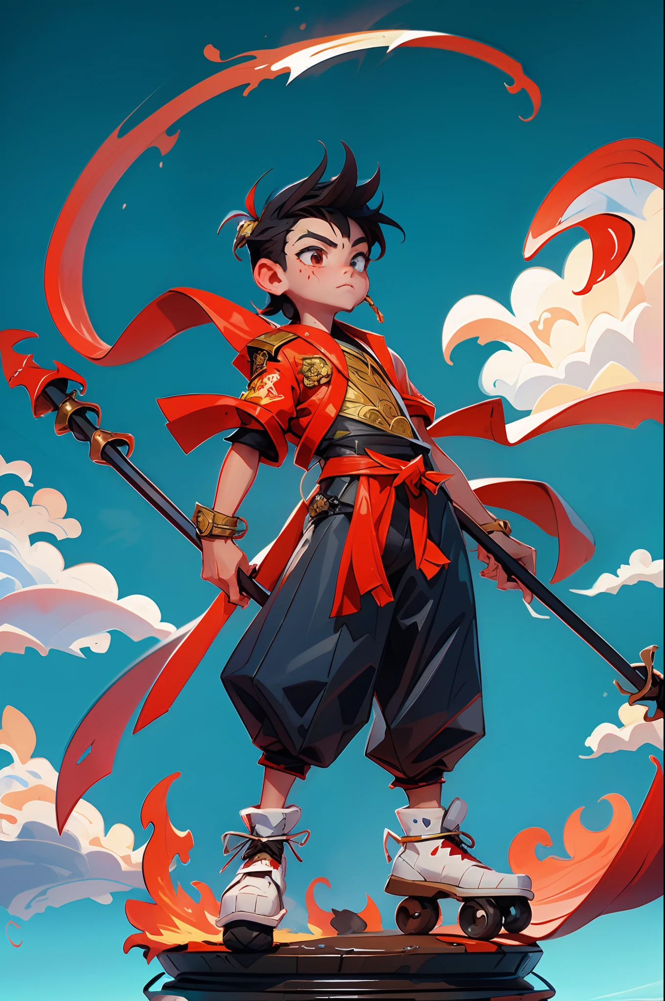 1boys， blood in face， irate， With a spear， （fly）， Hot Wheels，Chinese mythology， The cloudy， Detailed sky， abstract backgrounds， （flame_surge_style：0.5）