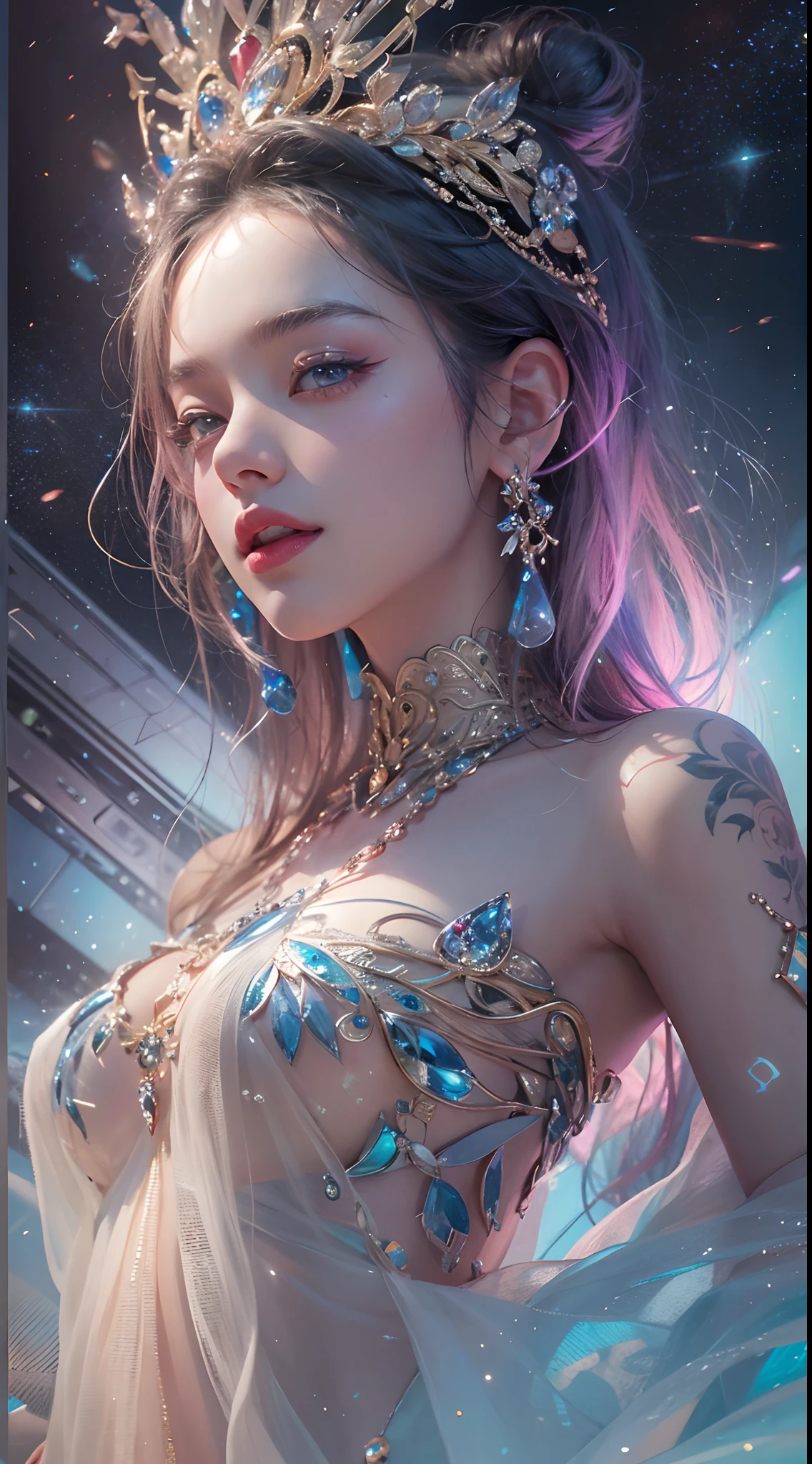 1girll,(enchanced quality:1.4),(Top quality true texture skin), Delicate face,Black hair, Gradient hair, Petite body,(perfect bodies:1.1), There are precious stones on the forehead, rimless eyewears, Sparkling pupils,long eyelasher,grin, hyper photorealism, Cinematic lighting, projected inset, surrealism, hyper HD, Masterpiece, 16k,Lie down,dream on,Wear transparent silk pajamas,Carmelto,Legs slightly open,Tattooed with,Fantasy space,Luxurious space