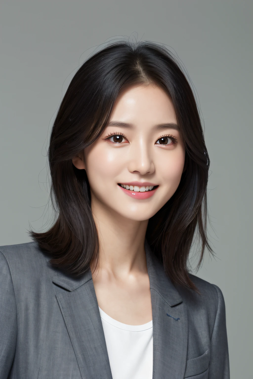 (Best quality, 8k, 32k, Masterpiece, UHD:1.2),Photo of Pretty Japanese woman,(detailed face:1.1), simple black suit, looking at viewer,upper body,necklace,medium breasts,smile