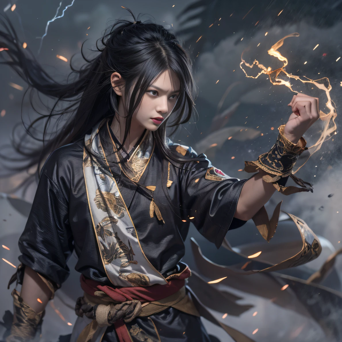 Face away from the camera（废墟）eyes filled with angry，He clenched his fists，Rush up，Deliver a fatal blow to your opponent，full bodyesbian，Full Body Male Mage 32K（tmasterpiece，k hd，hyper HD，32K）Long flowing black hair，Campsite size，zydink， a color， patriot （废墟）， （Linen batik scarf）， Angry fighting stance， looking at the ground， Batik linen bandana， Chinese deer pattern long-sleeved garment， （Abstract propylene splash：1.2）， Dark clouds lightning background，Flour flies（realisticlying：1.4），Black color hair，Flour fluttering，Background fog， A high resolution， the detail， RAW photogr，Telephoto miniaturization， Sharp Re， Nikon D850 Film Stock Photo by Jefferies Lee 4 Kodak Portra 400 Camera F1.6 shots, Rich colors, ultra-realistic vivid textures, Dramatic lighting, Unreal Engine Art Station Trend, cinestir 800，Flowing black hair,（（（Male mage））），The male mage was furious，