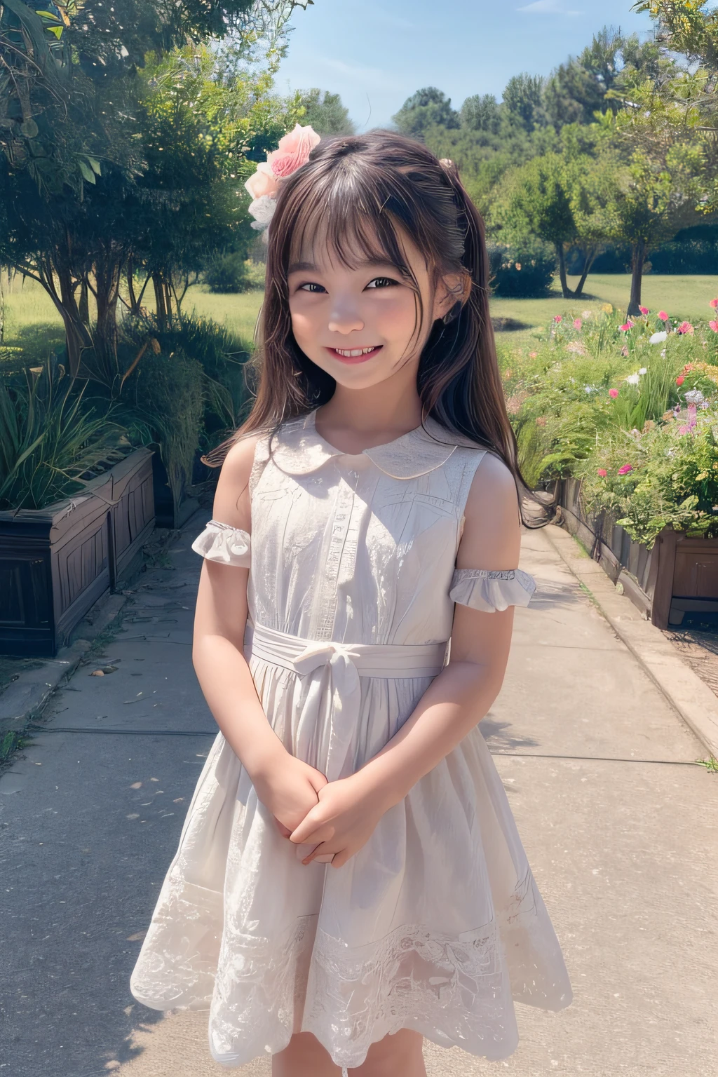 9-year-old elementary school student、、Small breasts、Black Hair、Iris、Straight Hair、ponytail、White dress、whole body、Are standing、Small face、Clean eyes、Small Mouth、evening、Riverbank、high resolution、4k、1 person、Young face、