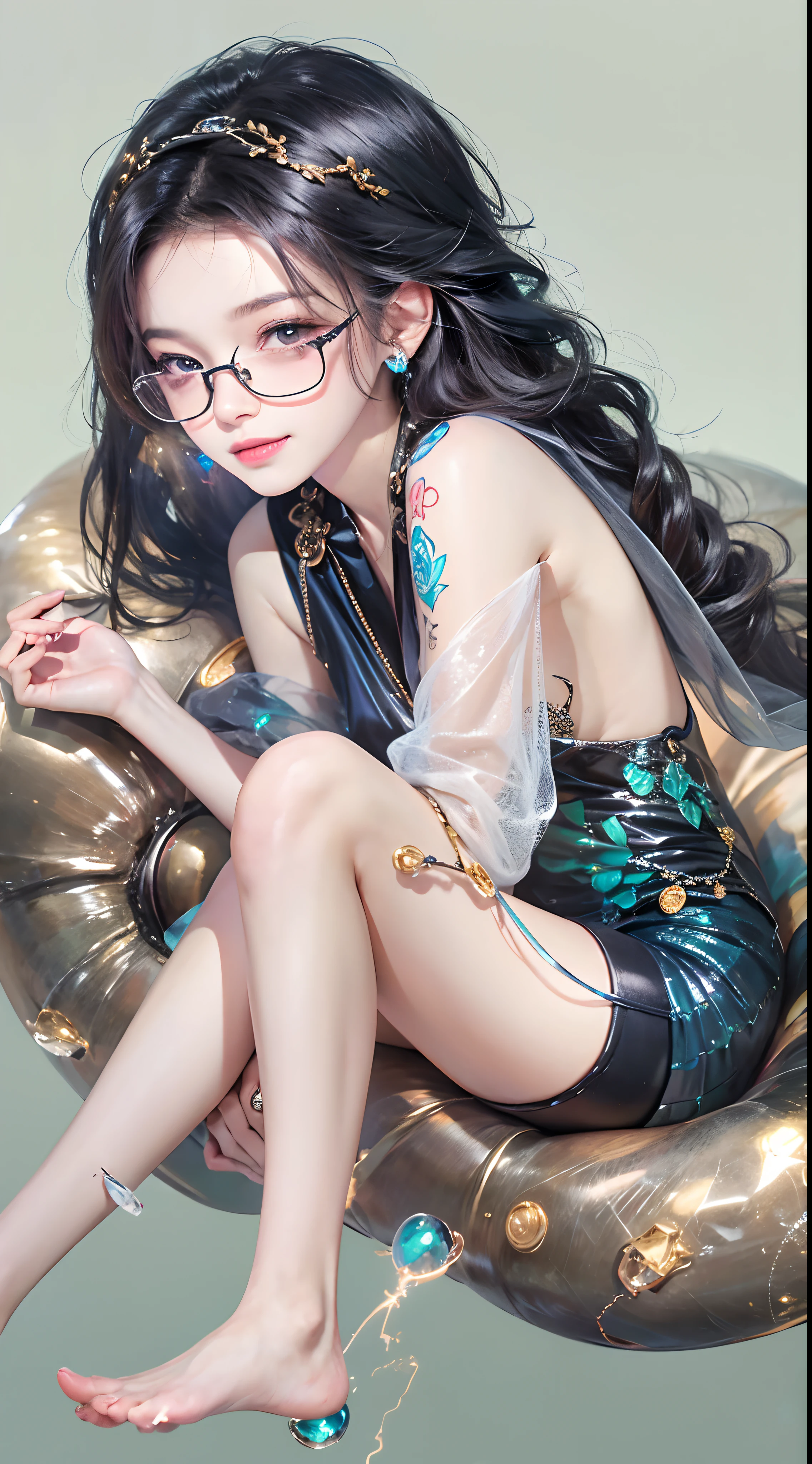 1girll,(enchanced quality:1.4),(Top quality true texture skin), Delicate face,Black hair, Gradient hair, Petite body,(perfect bodies:1.1), There are precious stones on the forehead, rimless eyewears, Sparkling pupils,long eyelasher,grin, hyper photorealism, Cinematic lighting, projected inset, surrealism, hyper HD, Masterpiece, 16k,Lie down,dream on,Wear transparent silk pajamas,Carmelto,Legs slightly open,Tattooed with,Fantasy space,Luxurious space
