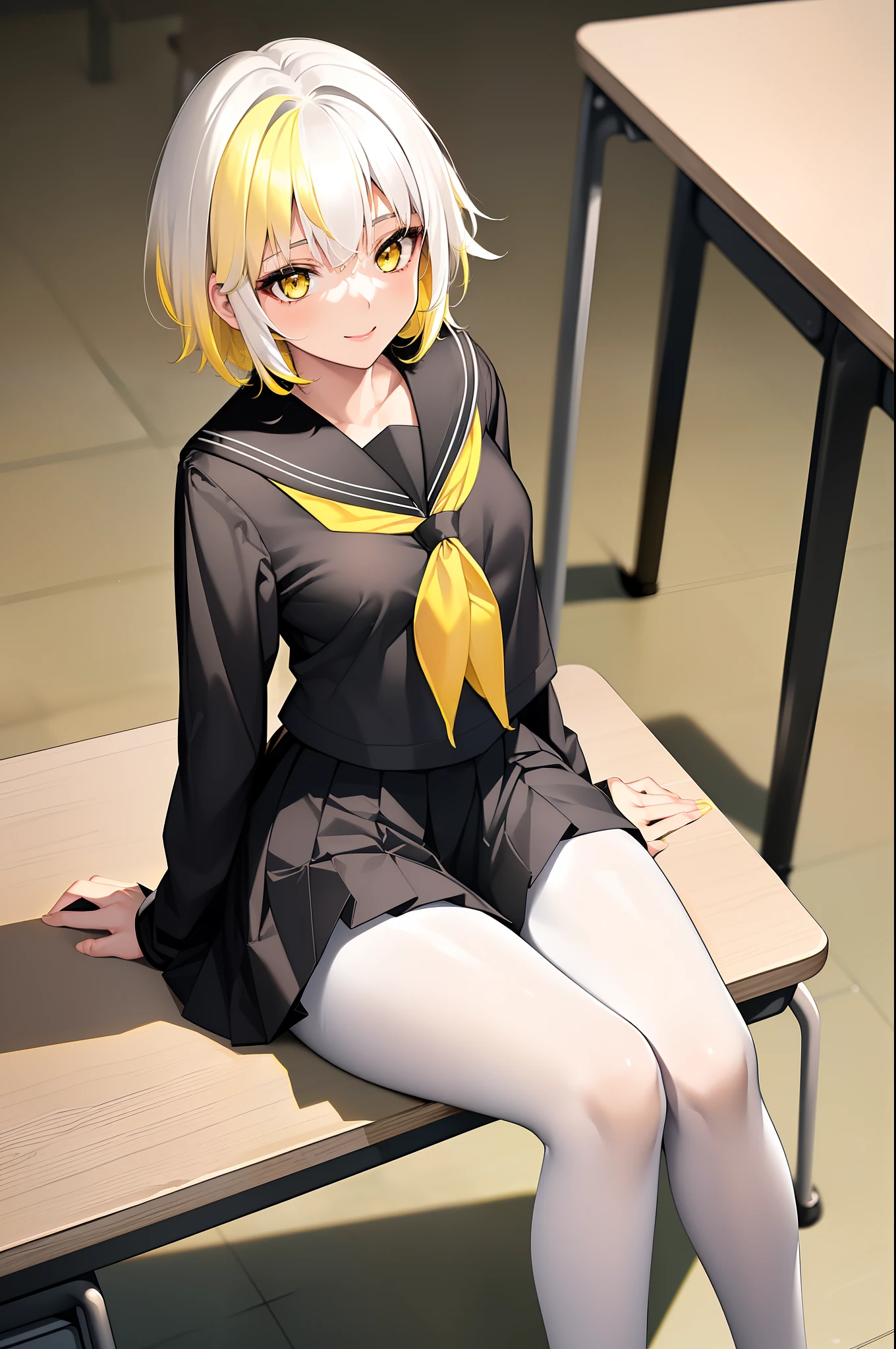 8k, 1girl, , (black serafuku:1.4), skirt lift, white pantyhose, short hair, messy bangs, tiny breasts, yellow eyes, (two-tone hair:1.4), (white hair:1.3), yellow hair, at school, from below, (blushing:1.3), embarrassed