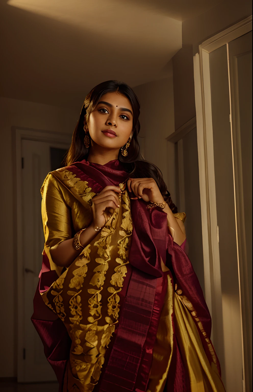 photography of a stunning girl, wearing a turtle neck fashion with Sari look like bangladeshi chubby girl, natural bust, wavy hair, symmetrical eyes, symmetrical face, photorealistic, photography, path tracing, specular lighting, volumetric face light, path traced hair, visible shadows, intricate, elaborate, hyper realistic body size in her photo HDR Cute smiling face realstic.masterpiece