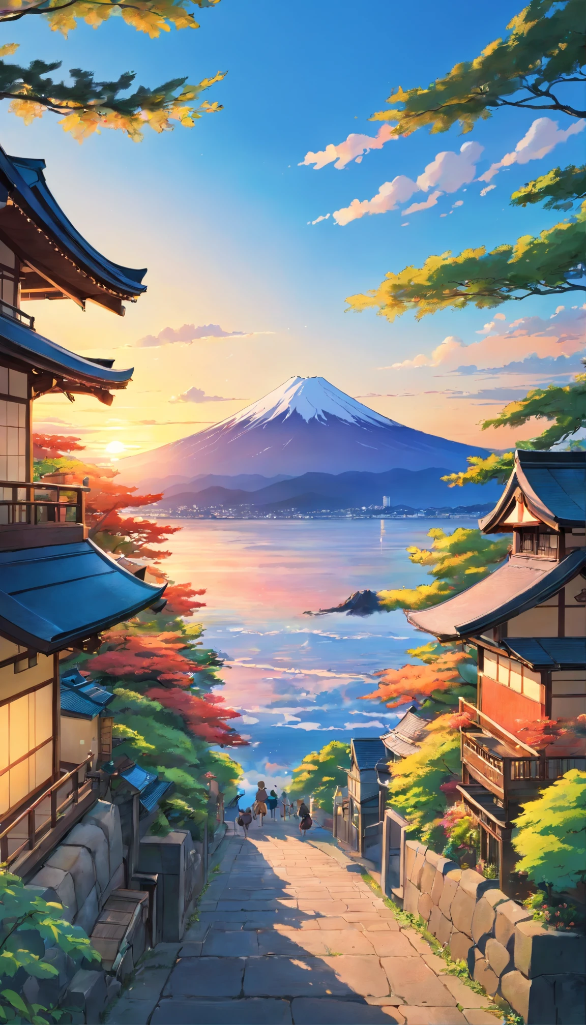 Mt. Fuji at sunrise can be seen beyond Enoshima Island