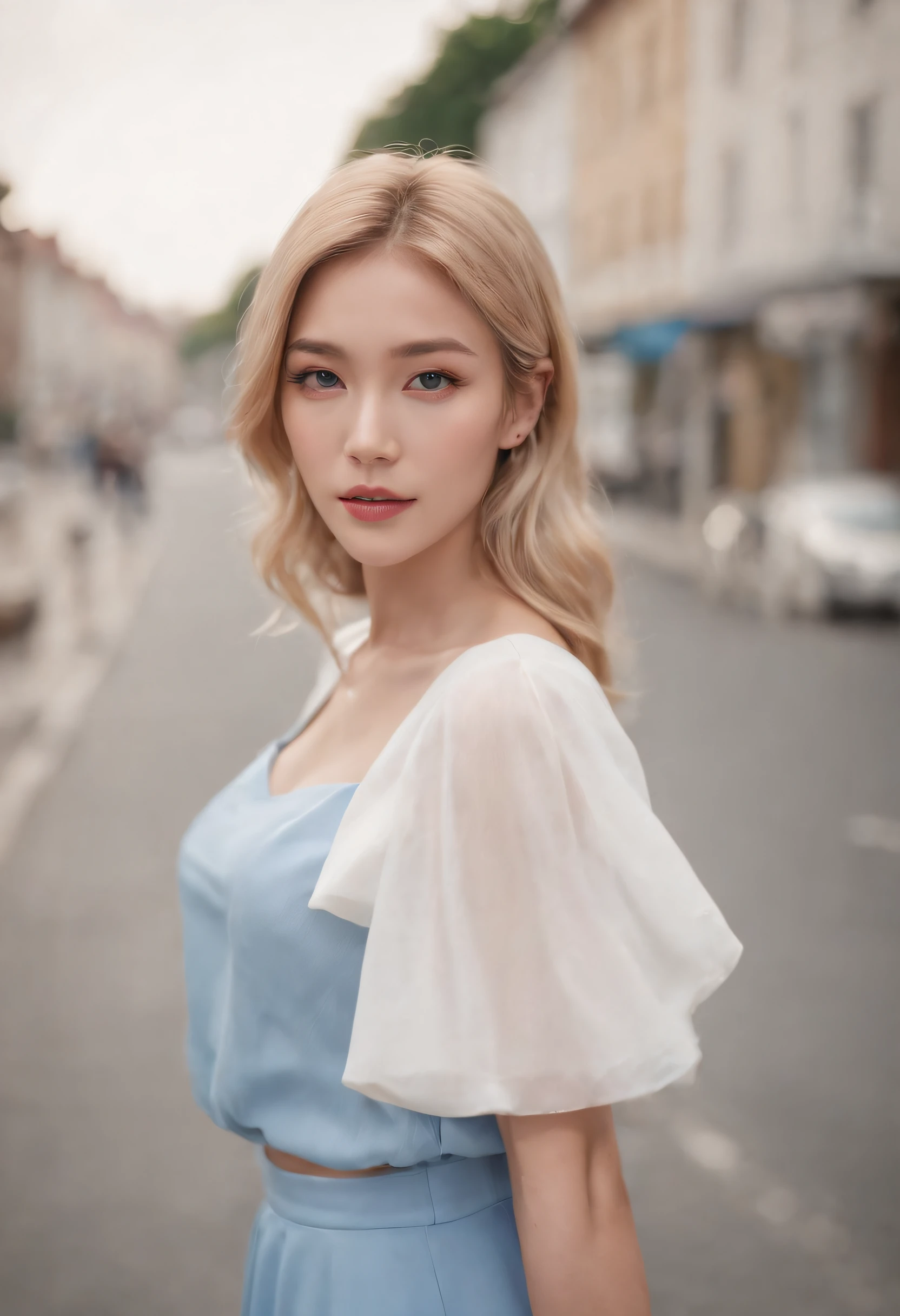 Blonde woman in a white blouse and blue dress standing on the road, a picture inspired by jeonseok lee, Tumblr, Realism, Korean girl, Realistic anime 3 D style, wearing crop top and miniskirt, Anime girl in real life, Casual pose, Anime style. 8K, korean women's fashion model
