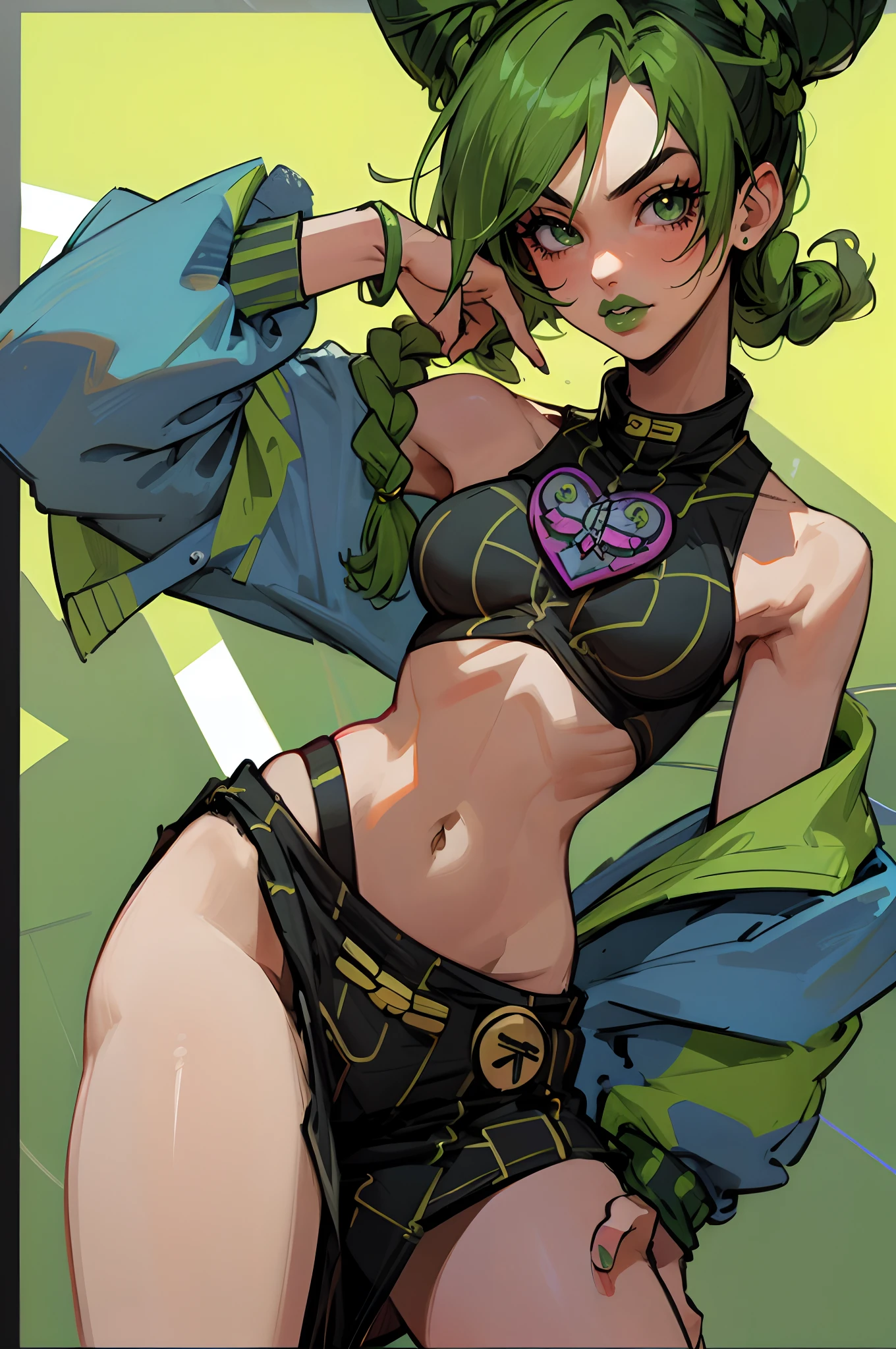 Jolyne Cujoh, green hair, black hair, braid, double hair bun, green eyes, green lipstick, full lips, wristband, tattoo, cowboy shot, 1girl, medium breasts, solo, female focus