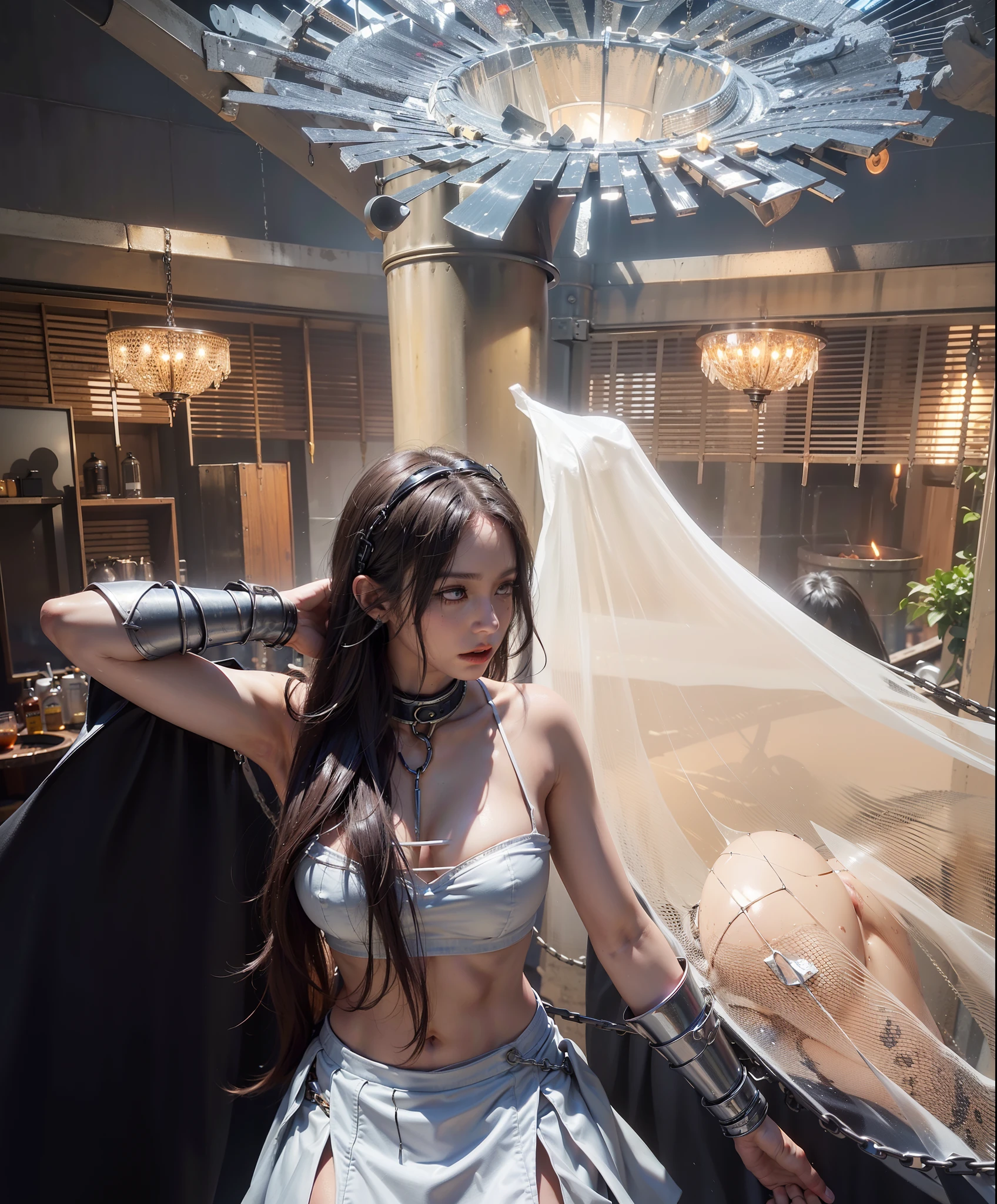 ,((Wearing a torn sheer costume of a superheroine)),(, No bra)), Wet crotch, Wet thighs, Beautiful girl with accentuated slender abs: 1.4, (((nipple tips protruding, areola is protruding, The shape of the pubic region is clearly visible)), sixpack abs: 1.4, Bust Botox, Photo, Sharpness, Unique 850 4, Koda850 k portrait camera, F1.6 shots, Ultra-realistic textures, Spectacular light textures, Cinestil 800 Fashion Mechanics, (futuristic sci-fi battle fashion: 1.1), (tied perfectly by chain), Restraint, Slaves, collars, ((wide prison with sunlight)), Dark fantasy, Realistic material details, extreme hight detail, Ultra-realistic materials ((Torn costume))), Wet, Cloudy, (Chained)), ((big emphasized by chains)), ((chains digging into crotch)), ( (Collar)), (, No bra), shredded costumes, broken golden shields and battle spears,, White combat gloves, Combat shoulder armor, Blood splattered on the face, Blood splattered, Realistic, (Bruises, Dirty, ripped clothing, skimpy clothing, Blood: 1.3), Torn Cape, Torn pantyhose, Long legs, ((iron pipe in the crotch)), Metallic shackles and fetters, ((chains hung from heaven)), Wet crotch is clearly visible, Swarovski's sword and the anatomy beneath his feet, (futuristic sci-fi battle fashion, Torn mesh stockings),Finger repair,White Phoenix。silver armor