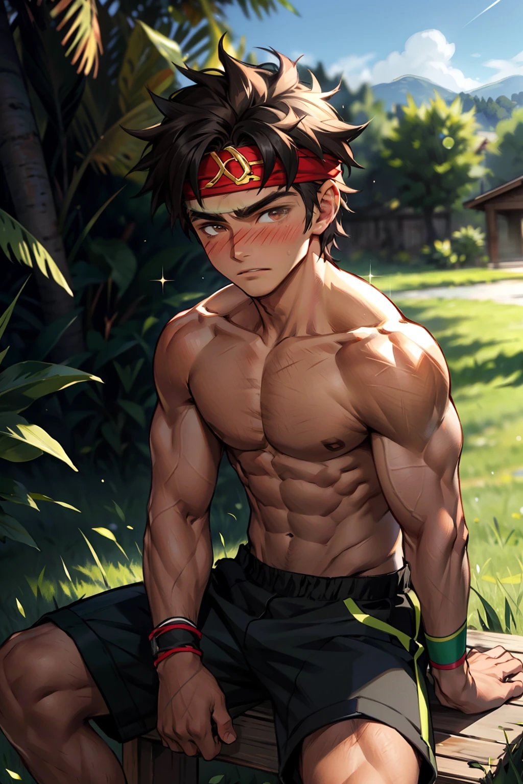 (Masterpiece, Best quality 12 year old boy,Shota), 1boys, Young,Muscular, Short hair, with brown eye, Intricate, Grass, full bodyesbian, Shirtless, Muscles sparkle in the sun,Black shorts, green headband, Vivid colors,(Depth of field:1.2),(Abs),Blush, view the viewer, Sit on grass,