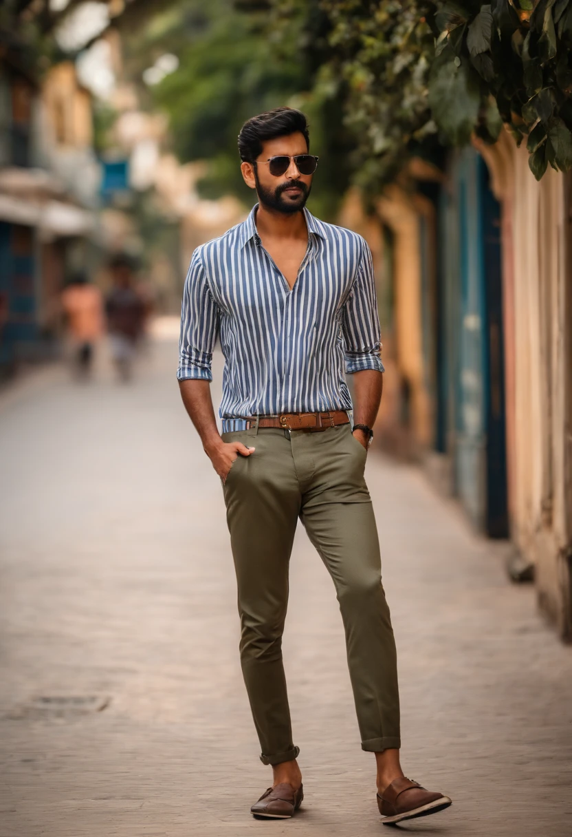 araffe man walking down a street with a mailbox in his hand, mohamed chahin style, casual photography, full body photogenic shot, stylish pose, wearing stripe shirt, with a cool pose, taken with canon 8 0 d, casual pose, modeling shoot, photo taken with canon 5d, jayison devadas style, very artistic pose, with lovely look