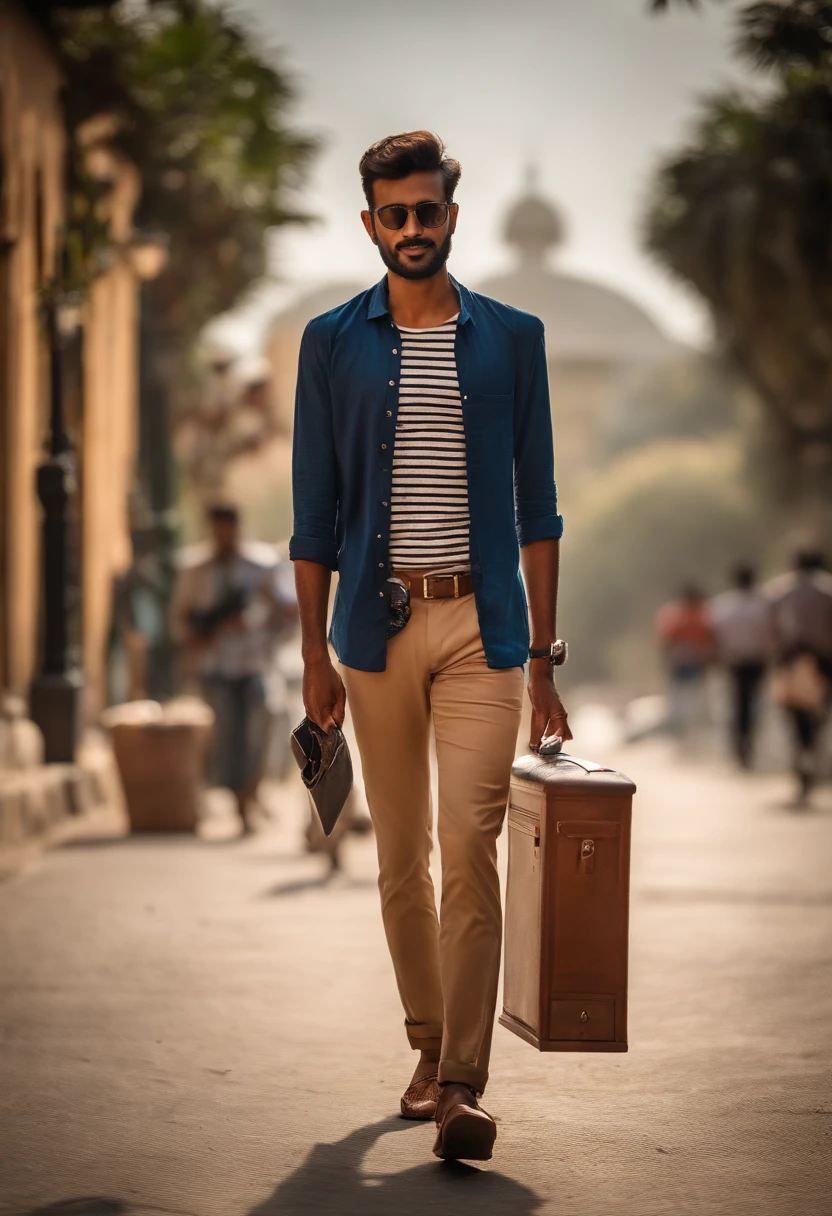 araffe man walking down a street with a mailbox in his hand, mohamed chahin style, casual photography, full body photogenic shot, stylish pose, wearing stripe shirt, with a cool pose, taken with canon 8 0 d, casual pose, modeling shoot, photo taken with canon 5d, jayison devadas style, very artistic pose, with lovely look