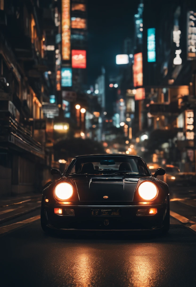 ((masterpiece, best quality)), [car], solo, cartoon ,lights,night,midnight,city,japan,light,[motor vehicle],[ground vehicle], sports car, black sailor collar, black serafuku, vehicle focus,