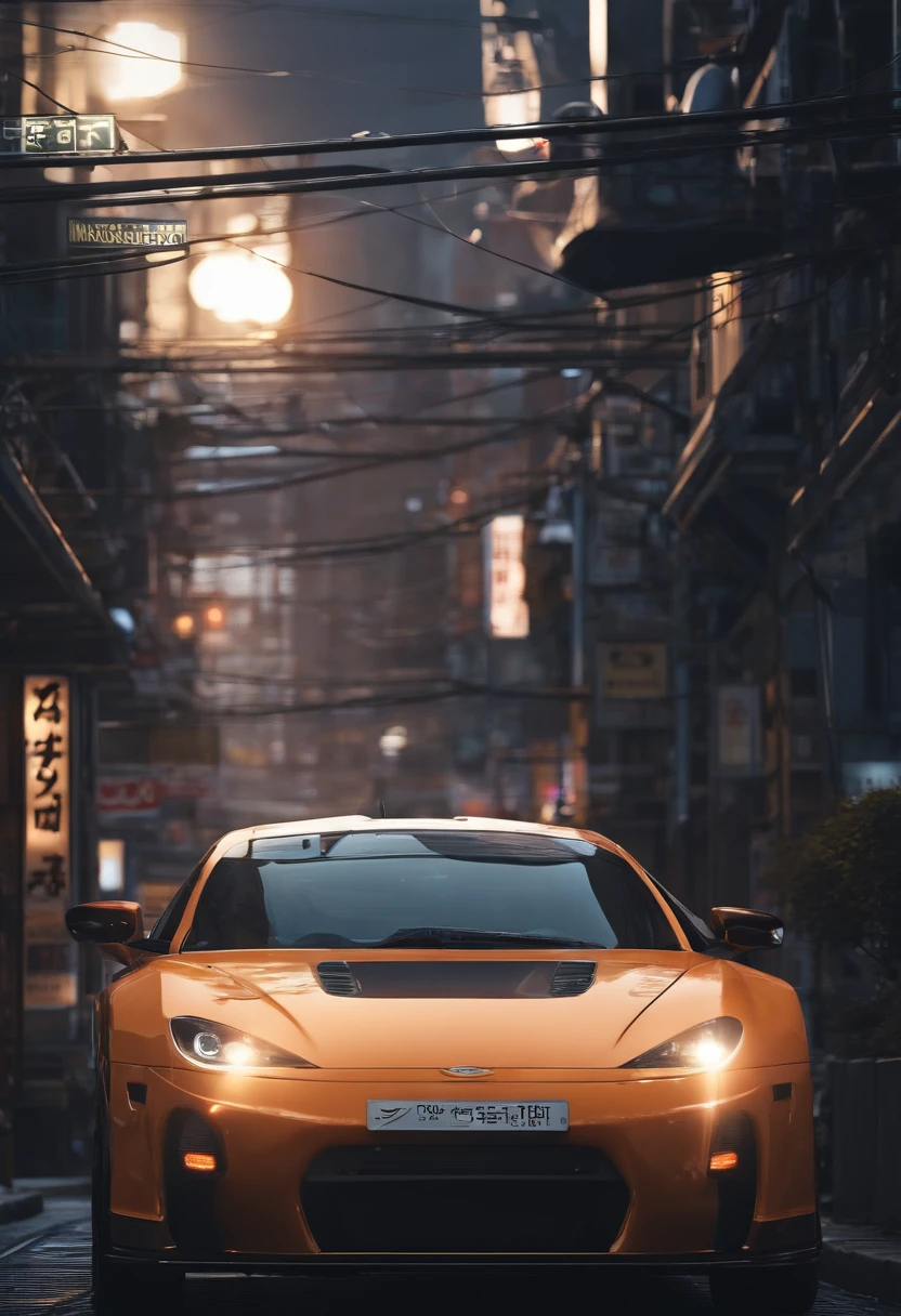 ((masterpiece, best quality)), [car], solo, cartoon ,lights,night,midnight,city,japan,light,[motor vehicle],[ground vehicle], sports car, black sailor collar, black serafuku, vehicle focus,