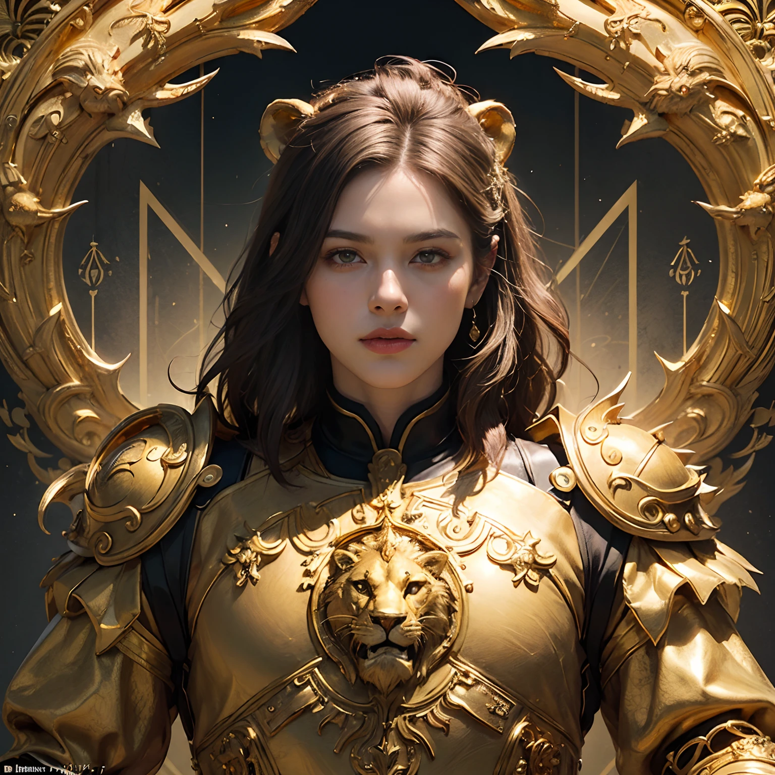 (Magic golden Leo diagram background:1.4), (An adult male,1.5), Wear gold,lion , surrealism,tmasterpiece，best qualtiy，realisticlying，Marvel movies，Detal Face，8K，hyper HD，insanely detailed and intricate, hypermaximalist, elegant, opulent, Ultra photo realsisim, Super detailed