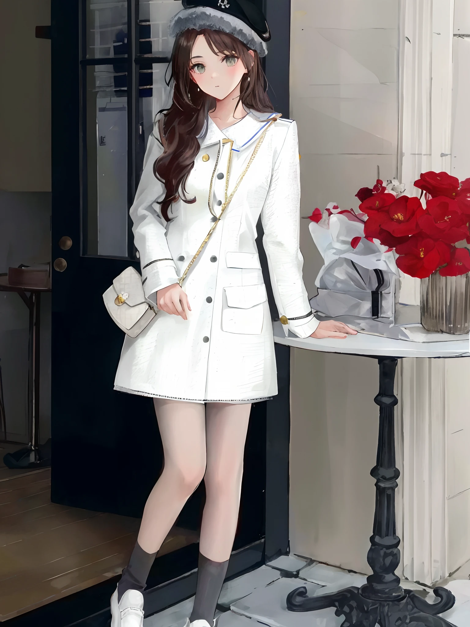 araffe woman in white coat and hat standing near a table with flowers, beret hat, white trendy clothes, loose coat collar sailor uniform, white coat, ( ivory black ), detailed picture, white jacket, smooth white tight clothes suit, casual white garment, very detailed and high quality, wearing a white winter coat, high fashion classy, short skirt and a long jacket, with white