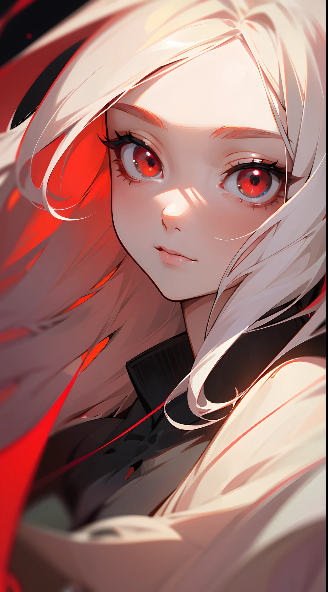 A girl,red color eyes,red pupils,Long white hair,Hyper-Resolution,accuracy,detail render,(Delicate facial portrayal)(Fine hair portrayal)(highest quality)(Master masterpieces)(High degree of completion)(a sense of atmosphere)tmasterpiece,ultra - detailed,closeup cleavage,(half-body portrait)