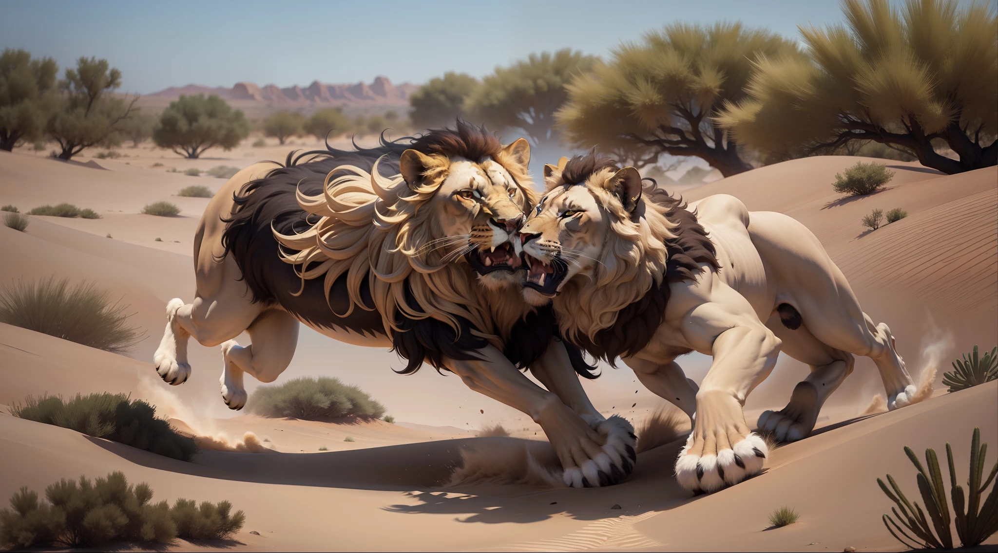 Two lions attack each other, A desert, a biblical character, afro, Realisticstyle, hentail realism