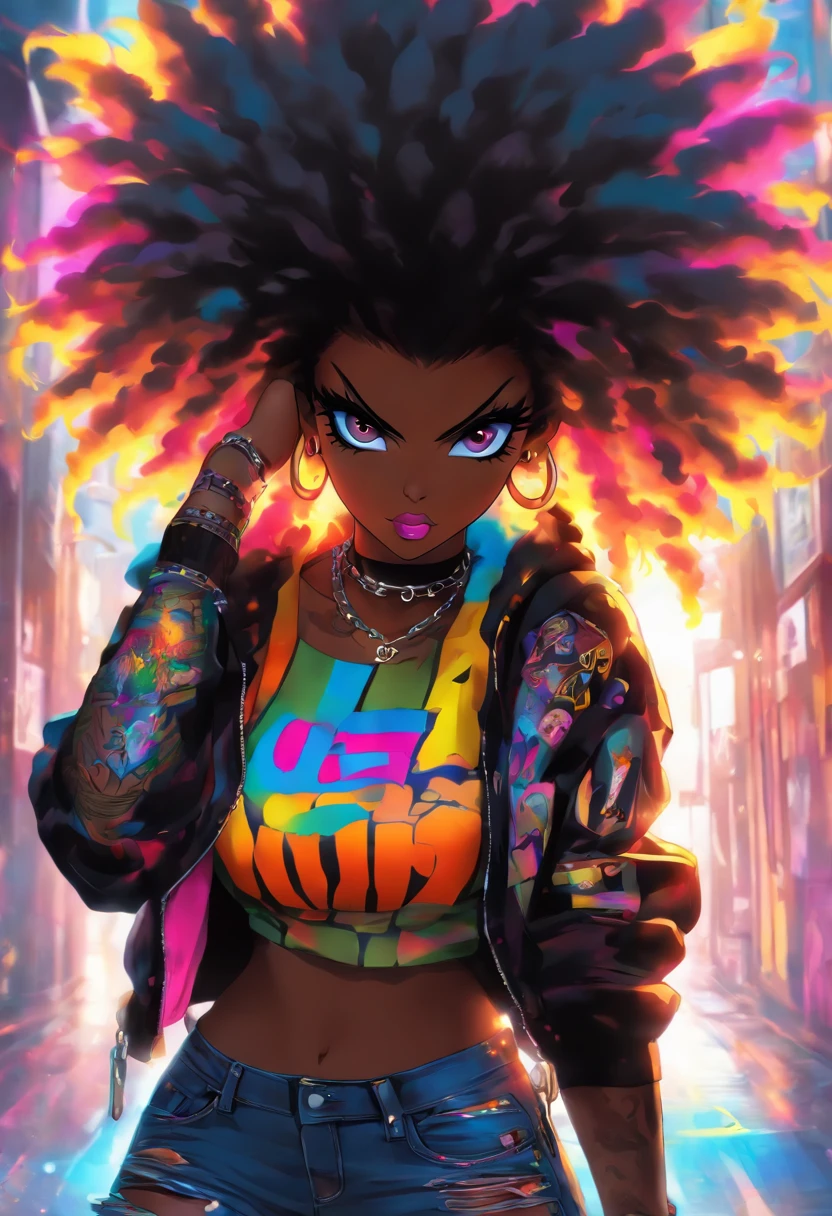 The most beautiful and big boob sexy punk rock girl, black Afro, cabello color arco iris, ojos amarillos, dark skin, usar una sudadera con capucha, Graphic design jacket and torn skinny jeans, toneladas de tatuajes y piercings, Obra maestra perfecta, alta calidad, High resolution, big tits