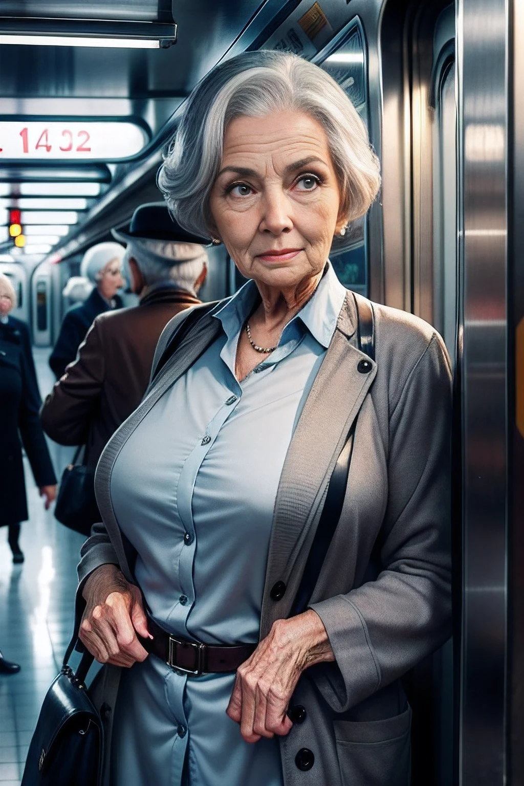elegant elderly granny, naked, wearing mink coat, holding coat open, sexy pose, inside a dilapidated parking garage, with trash and graffiti everywhere in background