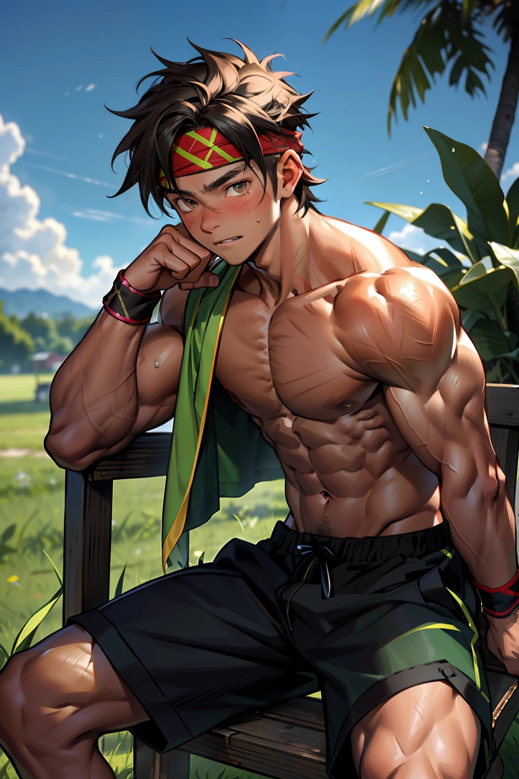 (Masterpiece, Best quality  boy，Shota), 1boys, Young,Muscular, Short hair, with brown eye, Intricate, Grass, full bodyesbian, Shirtless, Muscles sparkle in the sun,Black shorts,  green headband, Vivid colors,(Depth of field:1.2),(Abs),Blush, view the viewer, Sit on grass,
