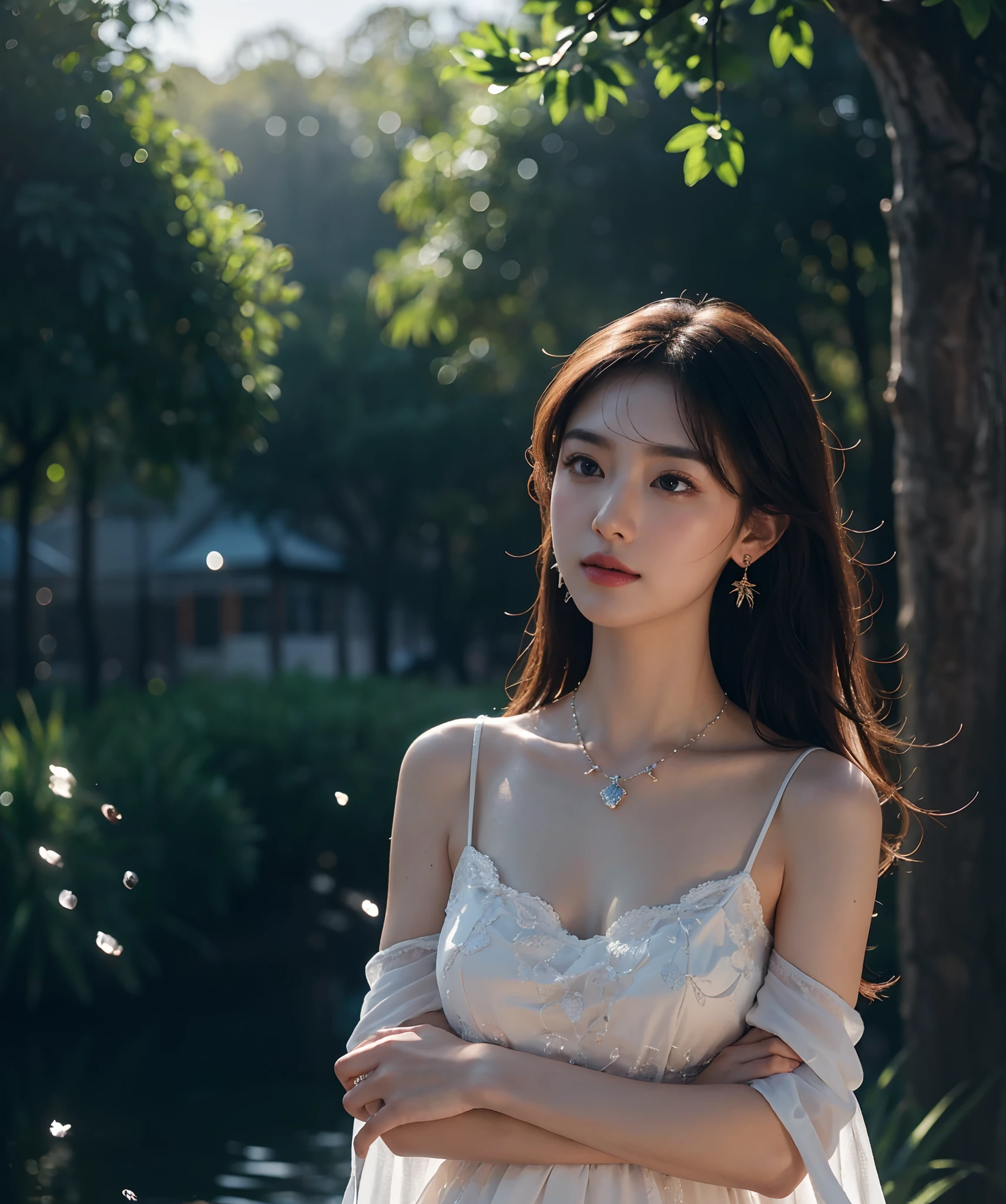 (Best Quality, Masterpiece, High Resolution, Glow, Flood, Lens Glare, Wide Angle), Sunlight, Full Body, 1 [Chinese|Russian|Japanese|Korean] girl, giggle, lips, red sahan dress, necklace, jewelry, long hair, earrings, super delicate face, beautiful face, full face blush, perfect eyes (very long eyelashes: 1.4),  glowing pupils, (white stockings:0.9), realistic, (high detail skin: 1.2), 8k ultra hd, DSLR, high quality, volumetric illumination, frank, high resolution, 4K, 8K, background bokeh, dream forest, feather drop effect, morning, vista, (radiant garlic:1.3)