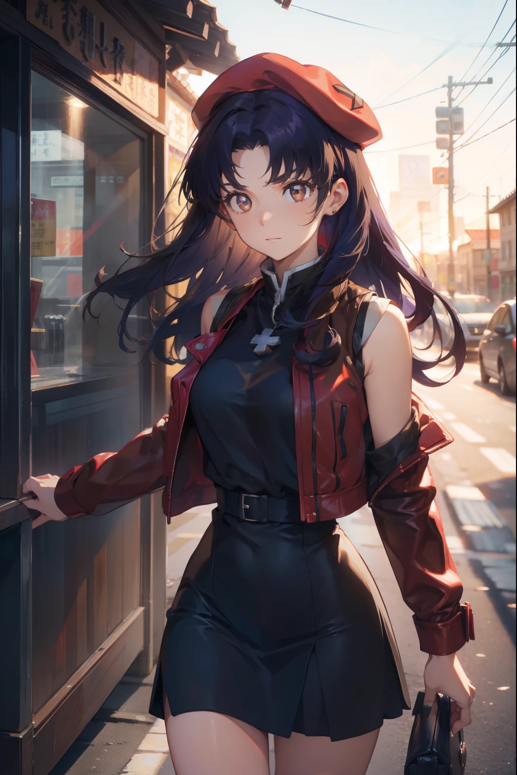 misatokatsuragi, misato katsuragi, long hair, (brown eyes:1.5), blue hair, purple hair,
BREAK hat, dress, bare shoulders, jewelry, jacket, earrings, open clothes, sleeveless, necklace, black dress, open jacket, sleeveless dress, beret, short dress, cross, red headwear, red jacket, cross necklace,
BREAK looking at viewer,
BREAK outdoors, city,
BREAK (masterpiece:1.2), best quality, high resolution, unity 8k wallpaper, (illustration:0.8), (beautiful detailed eyes:1.6), extremely detailed face, perfect lighting, extremely detailed CG, (perfect hands, perfect anatomy),