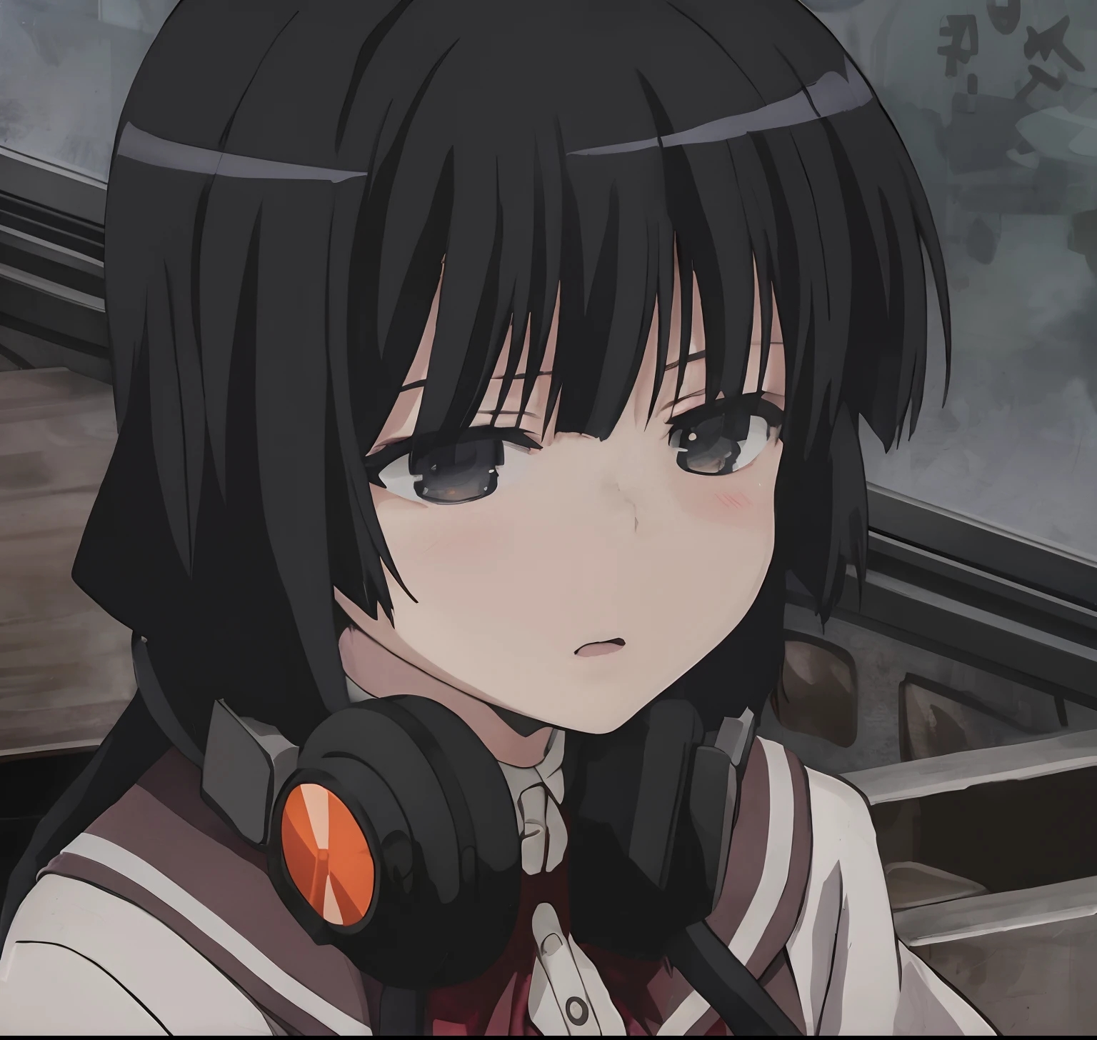 Anime girl with black hair and headphones looking out the window, close up iwakura lain, She has black hair,By bangs, close up of lain iwakura, close up of iwakura lain, akane owari danganronpa, as an anime character, female anime character, anime moe art style, Kantai collection style, iwakura lain