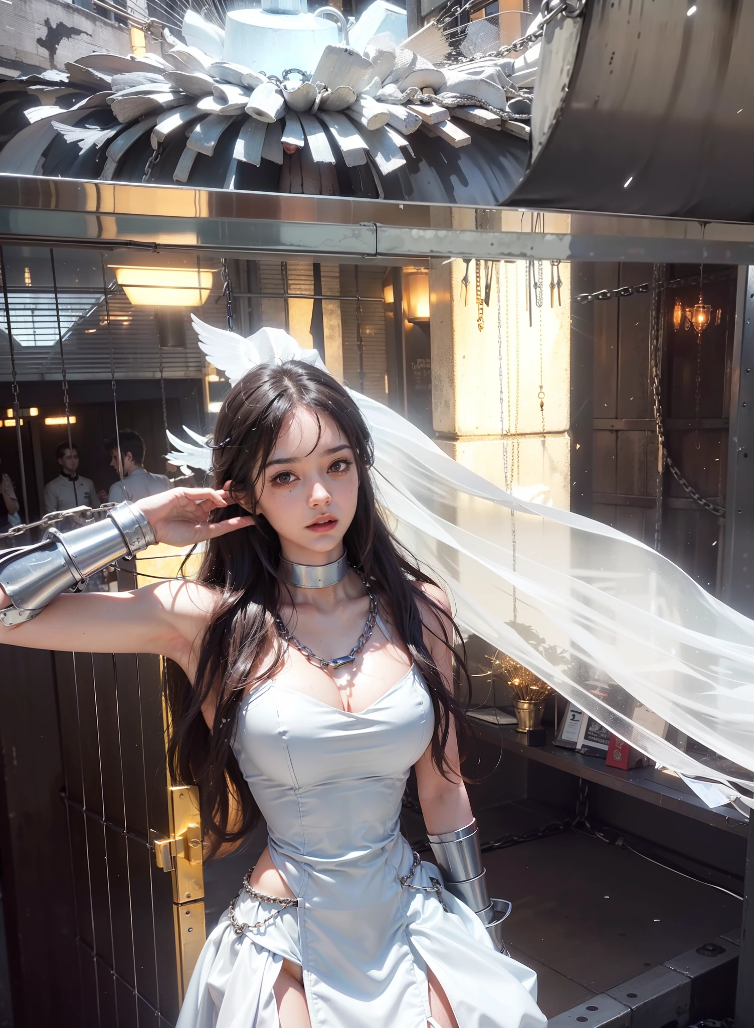 ,((Wearing a torn sheer costume of a superheroine)),(, No bra)), Wet crotch, Wet thighs, Beautiful girl with accentuated slender abs: 1.4, (((nipple tips protruding, areola is protruding, The shape of the pubic region is clearly visible)), sixpack abs: 1.4, Bust Botox, Photo, Sharpness, Unique 850 4, Koda850 k portrait camera, F1.6 shots, Ultra-realistic textures, Spectacular light textures, Cinestil 800 Fashion Mechanics, (futuristic sci-fi battle fashion: 1.1), (tied perfectly by chain), Restraint, Slaves, collars, ((wide prison with sunlight)), Dark fantasy, Realistic material details, extreme hight detail, Ultra-realistic materials ((Torn costume))), Wet, Cloudy, (Chained)), ((big emphasized by chains)), ((chains digging into crotch)), ( (Collar)), (, No bra), shredded costumes, broken golden shields and battle spears,, White combat gloves, Combat shoulder armor, Blood splattered on the face, Blood splattered, Realistic, (Bruises, Dirty, ripped clothing, skimpy clothing, Blood: 1.3), Torn Cape, Torn pantyhose, Long legs, ((iron pipe in the crotch)), Metallic shackles and fetters, ((chains hung from heaven)), Wet crotch is clearly visible, Swarovski's sword and the anatomy beneath his feet, (futuristic sci-fi battle fashion, Torn mesh stockings),Finger repair,White Phoenix,silver armor