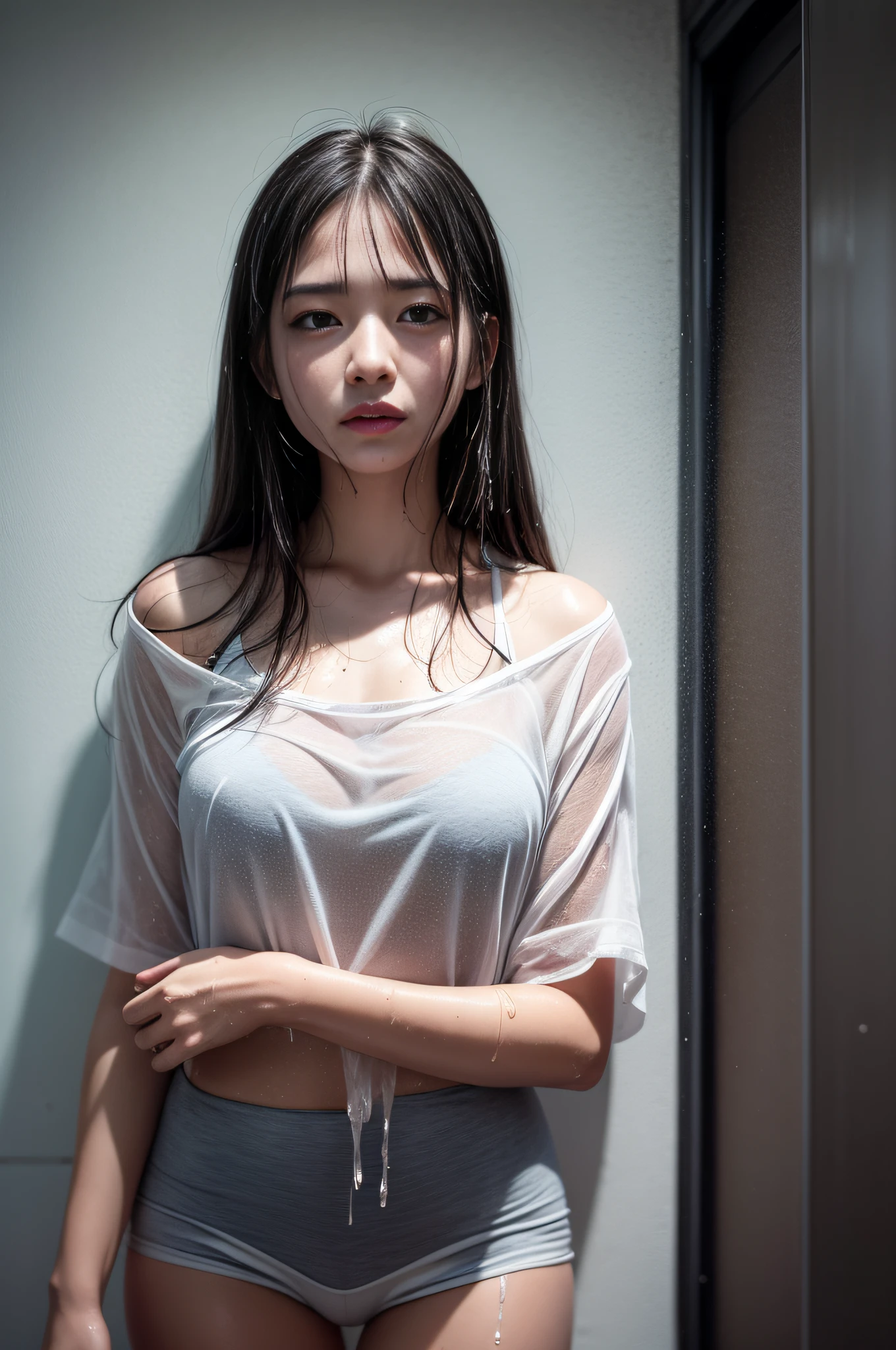 (Cinematic tones)(The film is in a cool gray tone)(Wet clothes:1.9),(Get wet all over your body:1.9),Top image quality, tmasterpiece, 超高分辨率, (Fidelity:1.4), photore,deluge, stunningly beautiful woman, (Sorrow), white shirt, dim murky lights, shadowy, Desperate, Pity, Pathetic, Cinematic, Tears, tear drop, (ripped clothing:1.5), (Wet clothes:1.4), bare shoulders, Real rain, wetting hair