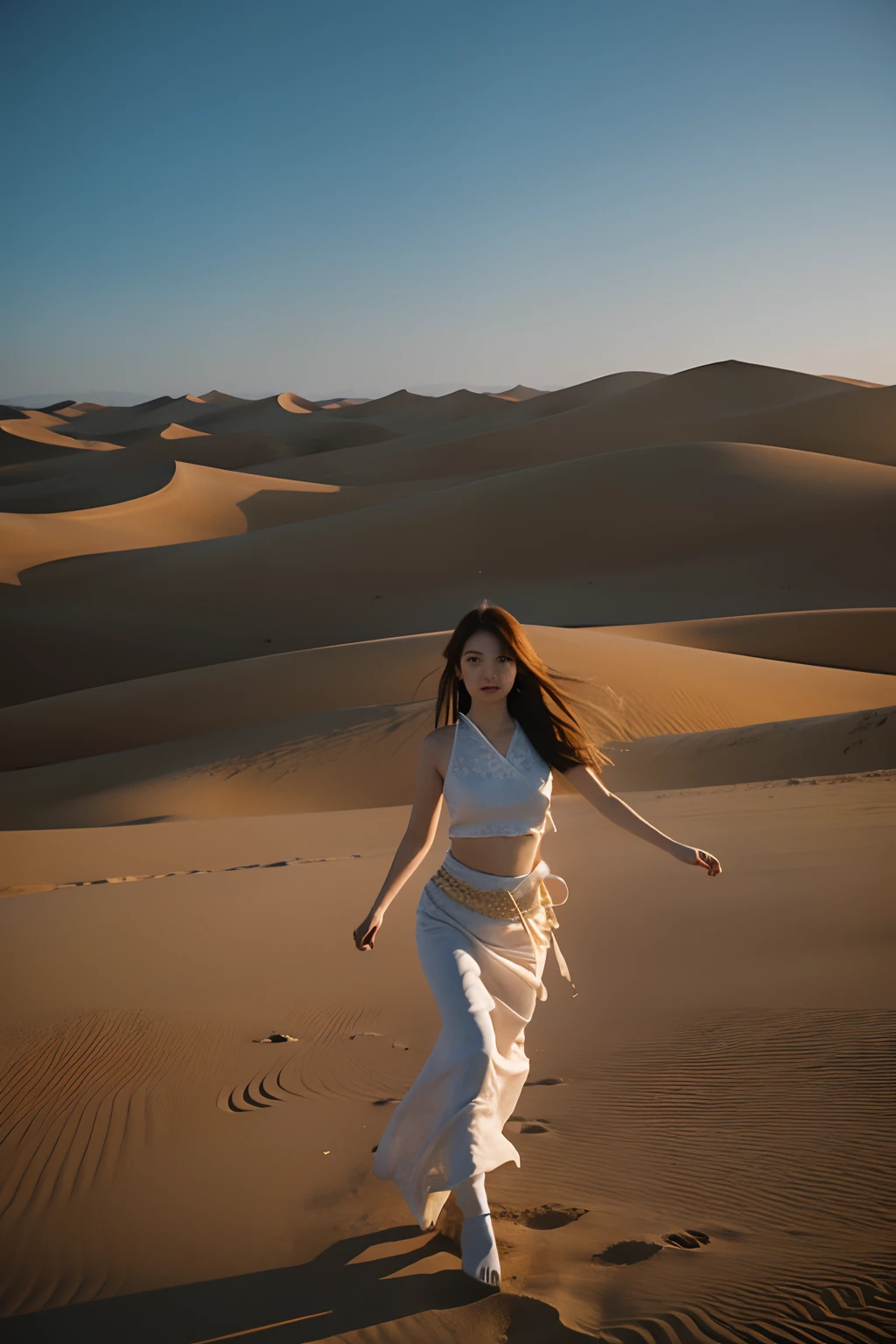 fully body photo,Best quality at best,tmasterpiece,1 imaginative Macanese female page for girls,perfect bodies,Coarse hair,The background is the Gobi Desert,Tiptoe dancing,mystical ambiance,Empty background at sunrise,Cel shadows,Stereoscopic effect,超高分辨率,Very detailed official Unity 8K wallpaper,超高分辨率,Ultra high quality,