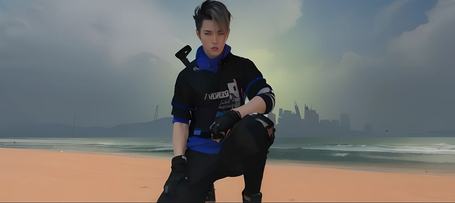 there is a man sitting on a skateboard on the beach, inspired by Ren Xiong, xqc, mechanic punk outfit, inspired by Aleksander Gine, thancred waters in style of wlop, nixeu and sakimichan, realism artstyle, as a character in tekken, male character, inspired by Jean Malouel, realistic hyper detailed