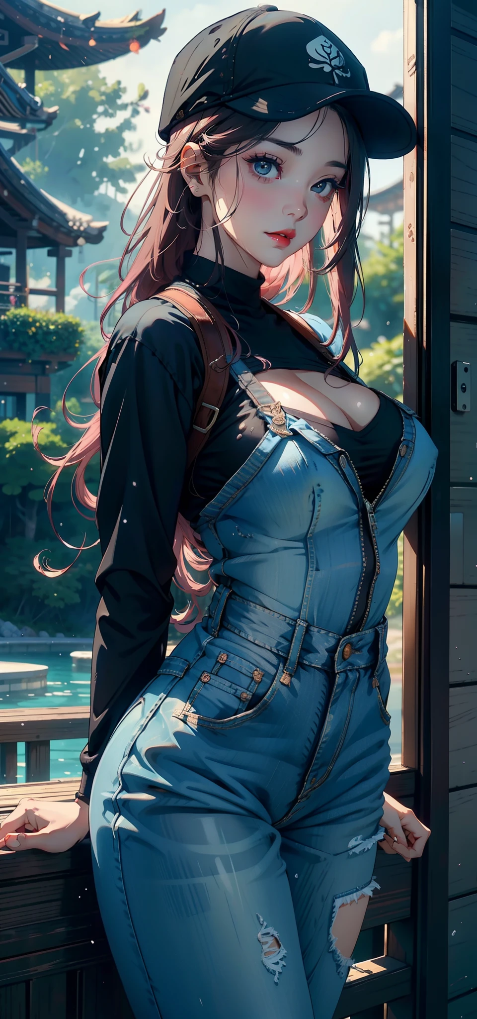 1female,45 yers old,Married Woman,熟妇,plumw,extremely large bosom, 独奏,(Background with:ponds,Cherry blossom forest,lotus flower)Lie underwater, She has long pink hair,seen from the front,, mostly cloudy sky,(((tmasterpiece),(Very detailed CG unity 8K wallpaper),best qualtiy,cinmatic lighting,detailed back ground,beatiful detailed eyes,Bright pupils,Black eyes,Snow-whiteskin,Redlip(Very fine and beautiful),(Beautiful and detailed eye description),ultra - detailed,tmasterpiece,))facing at camera,A high resolution,ultra - detailed),revealing breasts,Bare genitalia, Bulge,legs are open,Raised sexy,Camel toes,Desire for dissatisfaction,frontage,(Wearing:Blue denim jumpsuit,baseball cap)
