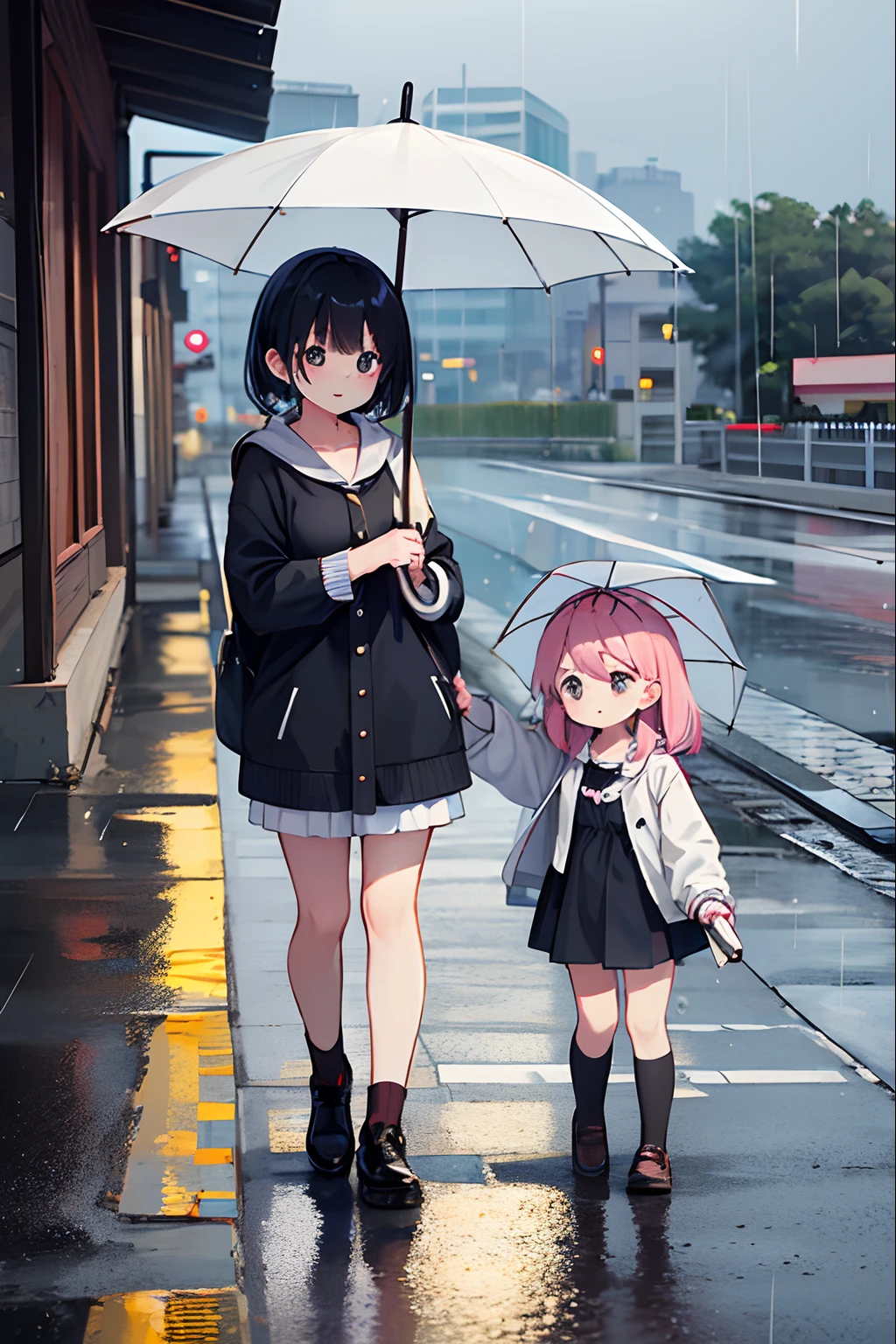 Photo of parent and child holding umbrella on rainy day、Umbrellas are great、bustup、Eye Up、The road surface is wet、She enjoys the rain