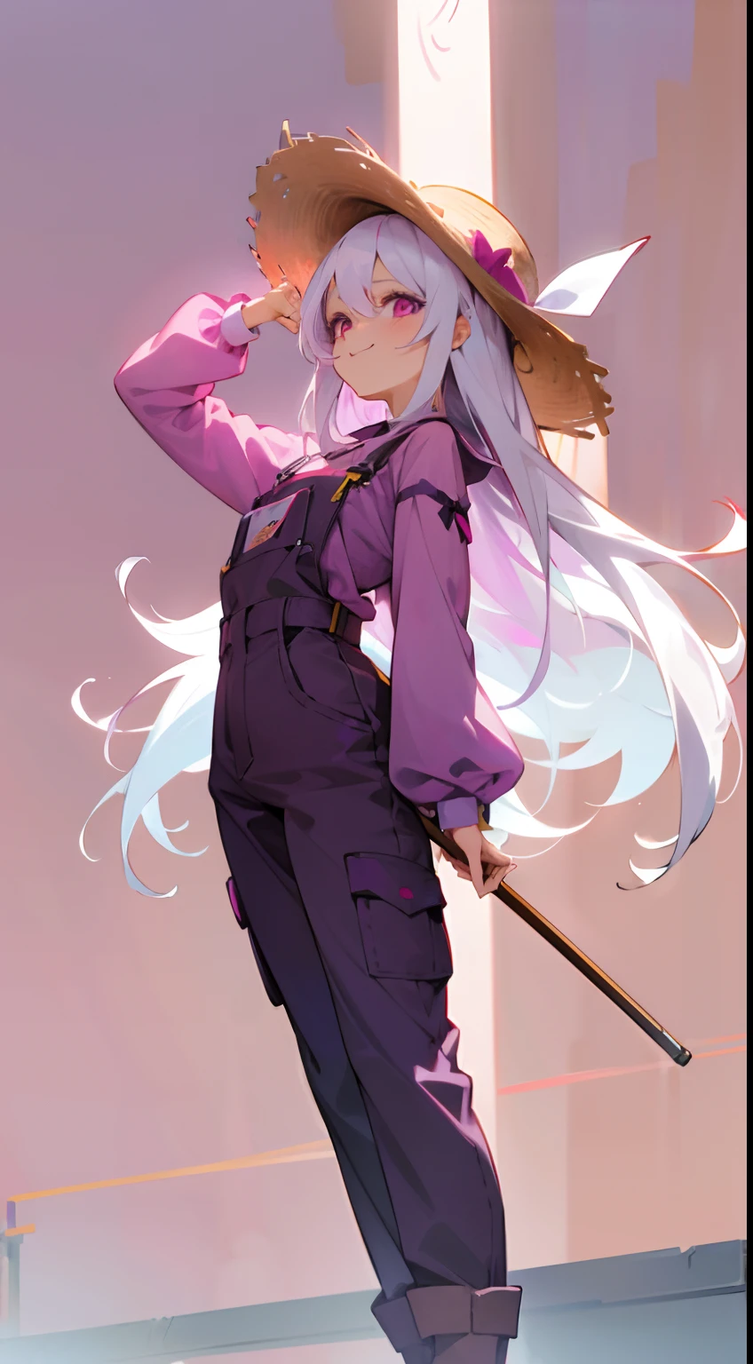 Anime Girl, Long White Hair, Magenta Eyes, Wearing a Straw Hat with a Magenta Ribbon, Light Purple Shirt, Black-coated Overalls with Long-sleeved Pants, Brown Worker Shoes, Sunny Farm Background, Vivid, Happy Expression, Bright, 4k Resolution, Anime Style --auto