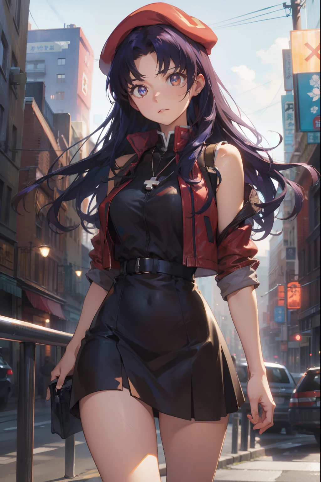 misatokatsuragi, misato katsuragi, long hair, (brown eyes:1.5), blue hair, purple hair,
BREAK hat, dress, bare shoulders, jewelry, jacket, earrings, open clothes, sleeveless, necklace, black dress, open jacket, sleeveless dress, beret, short dress, cross, red headwear, red jacket, cross necklace,
BREAK looking at viewer,
BREAK outdoors, city,
BREAK (masterpiece:1.2), best quality, high resolution, unity 8k wallpaper, (illustration:0.8), (beautiful detailed eyes:1.6), extremely detailed face, perfect lighting, extremely detailed CG, (perfect hands, perfect anatomy),